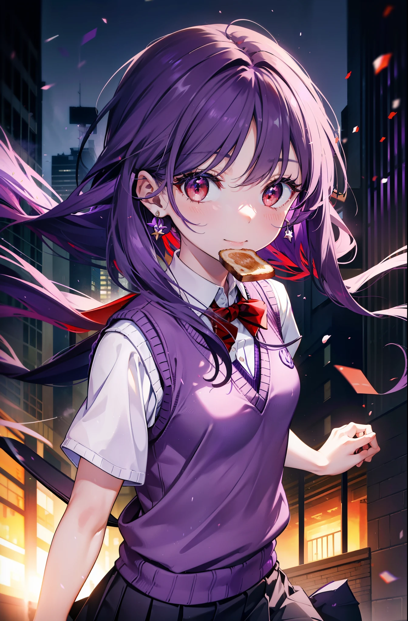 yuukikonno, Yuki Konno, hair band, Long Hair, Pointed Ears, Purple Hair, (Red eyes:1.5), (Small breasts:1.2), smile,White shirt,Sweater vest, (purple Sweater vest:1.5),Short sleeve,,black pleated skirt,black tights,Brown Loafers,Toast in the mouth, running, City Street,morning,morning日,sunrise,A girl running,
break looking at viewer, Upper Body, whole body,
break outdoors, 住宅街のpeople混み, people々々々,
break (masterpiece:1.2), highest quality, High resolution, unity 8k wallpaper, (shape:0.8), (Beautiful and beautiful eyes:1.6), Highly detailed face, Perfect lighting, Extremely detailed CG, (Perfect hands, Perfect Anatomy),