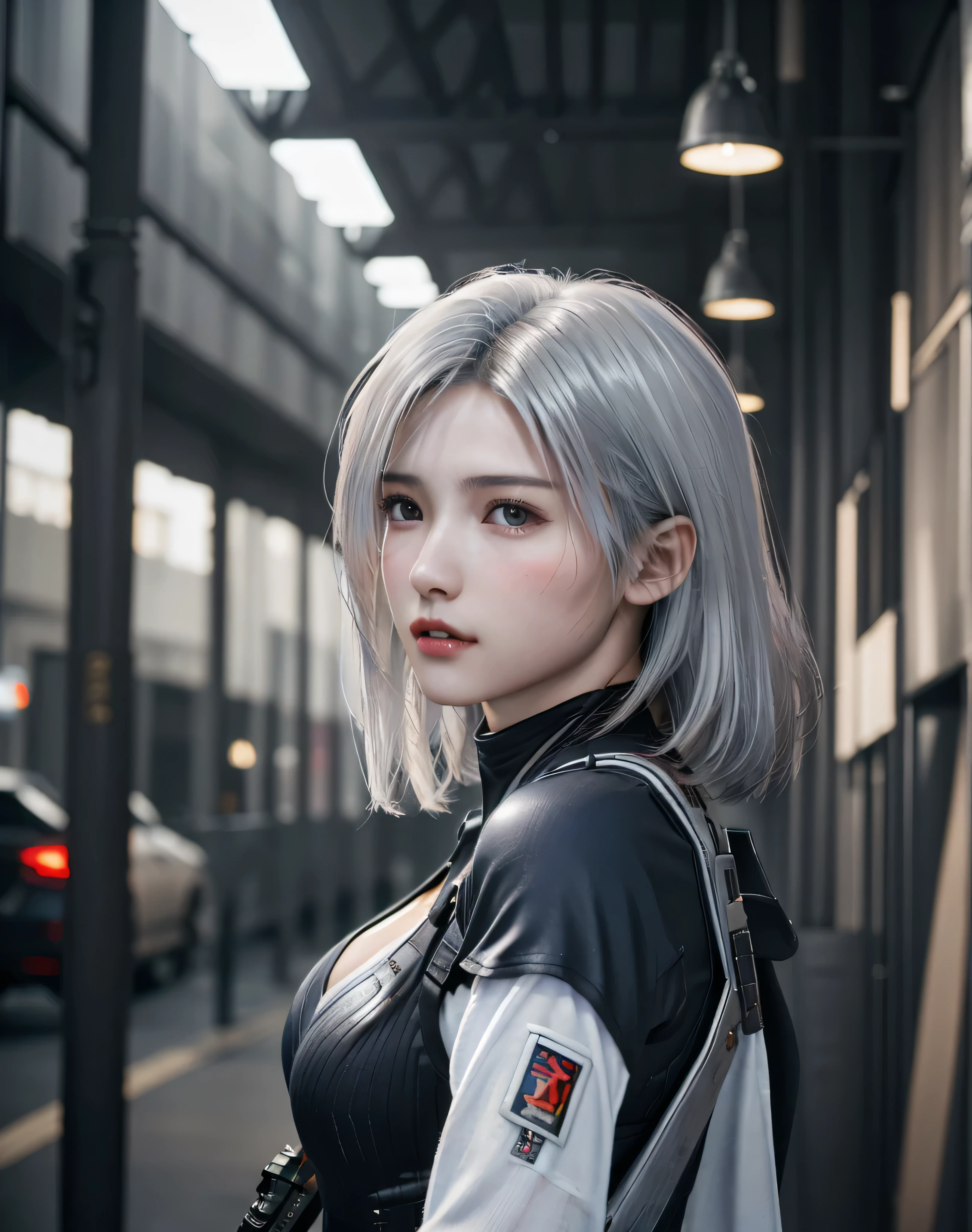 (8k, Realistic, RAW Photos:1.4, highest quality: 1.3), (One Girl), Very beautiful, (Realistic Face), (boyish, Silver color very short hair), beautiful cyberpunk suit, A brilliance that captivates the viewer, beautiful expression, beautiful breasts, Pointed nipple shape, (Realistic Skin), (Assault rifle:1.4), beautiful...