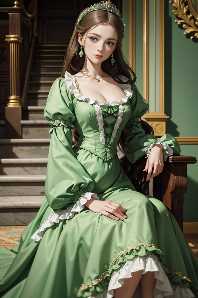 a woman in a green dress sitting on a set of stairs, dress in the style of rococo, historical baroque dress, rococo queen, 1 7 th century duchess, by Nina Petrovna Valetova, inspired by Franz Xaver Winterhalter, inspired by Jean-Marc Nattier, aristocratic clothing, # rococo