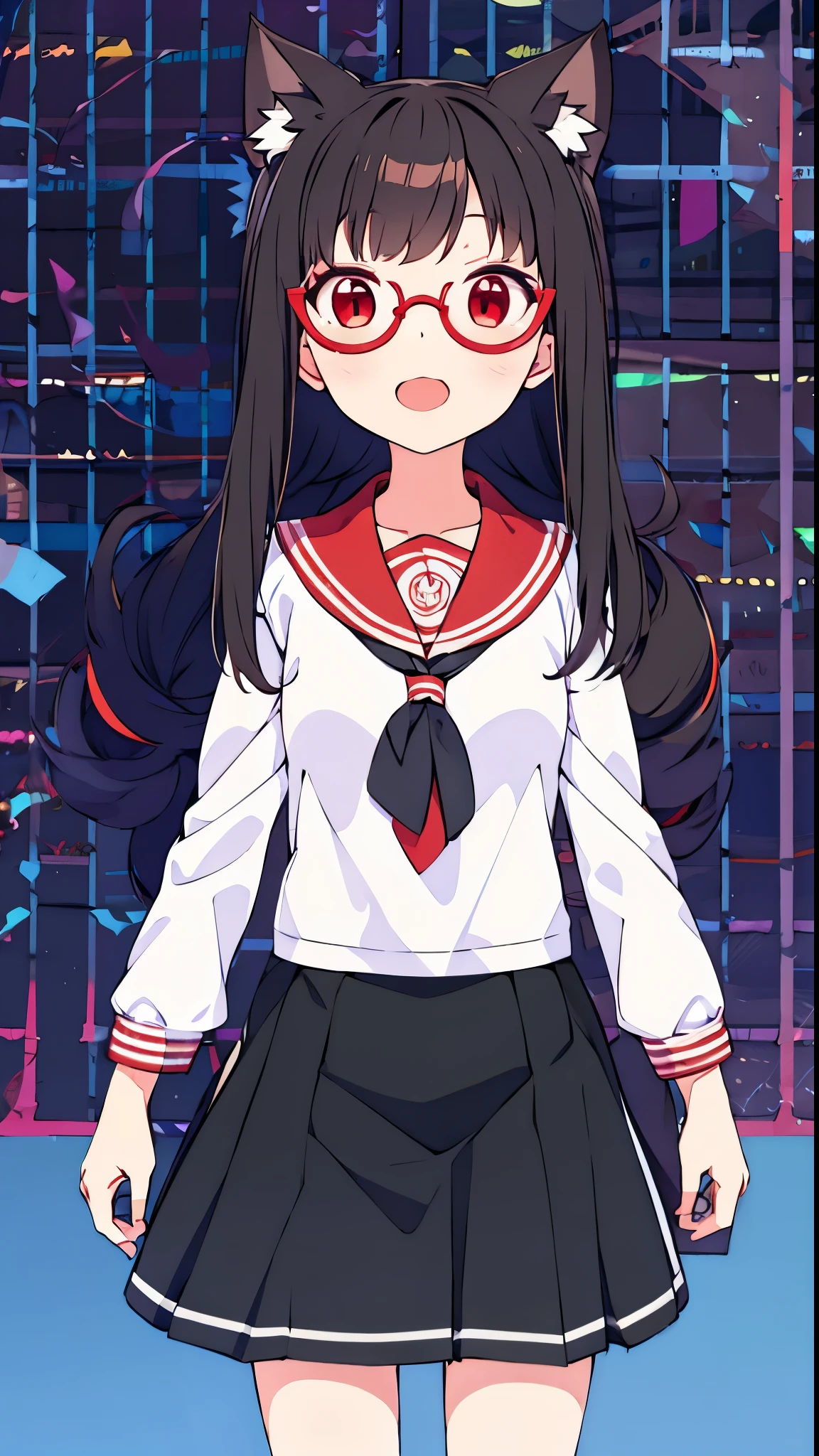girl black hair red eyes Glasses nekomimi