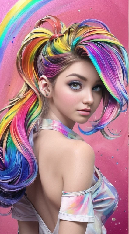 Foto de Jennifer Esposito,fotorrealista,(Camiseta Rosa Moda: 1.9),(Cor do Cabelo: 1.8), (all colors of the rainbow: 1.8),((((pintura vertical:1.6))), (pintura: 1.6),testa, Comics, Illustrations, Tintas, olhos grandes, olhos de cristal,( high ponytail rainbow color gradient:1.7), maquiagem requintada, boca fechada,(Pequeno fresco: 1.5),(Peito limpo: 1.5),(Peito limpo: 1.5) 1.6), longeyelashes, camiseta branca off-shoulder, camisa branca do ombro, looking at the audience, grandes olhos lacrimejantes, (rainbow hair color:1.6), salpicos de cor, (somente: 1.8), respingo de cor, Color explosion, estilo de pintura grossa, messy linerilhante)), (Colouring), (Colouring), (Colouring), Colouring, estilo de pintura grossa, (chapinhar) (salpicos de cor), pintura vertical, parte superior do corpo, Splatter de tinta, Acrylic Pigment, gradiente, pintar, A mais alta qualidade de imagem, very high quality, Masterpiece, floor, profundidade de campo, pintura facial, roupas coloridas, (elegante: 1.2), Beautiful, Cabelos Longos, vento, (elegante: 1.etals: 1.4),((Masterpiece))),((melhor qualidade))),((ultra-detalhado)),(ilustration),(angle dynamic),((Flutuante)),(pintura),((cabelos desgrenhados)),(somente),(1Menina) , (((Rosto anima detalhado))),((Rosto anima detalhado)),(rosto bonito e detalhado )),colar,ombros nus,cabelos brancos, ((Cabelos Coloridos)),((cabelo listrado)),(olhos detalhados bonitos,(gradient color eyes),((Eye Colorationackground Coloring ))),(high saturated))),((surrounded by splashes Colorings))),(arched back, Appearance from behind:1.7)