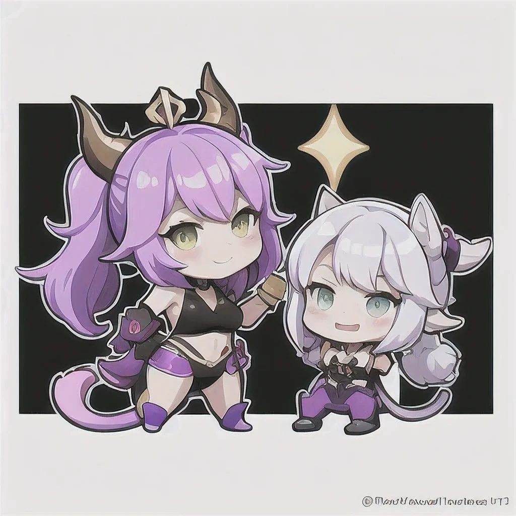 a cartoon image of a girl with a purple hair and a black top, kda, character art of maple story, （（Deer antler hair accessories））advanced digital chibi art, arcane art style, 2 d sprite, genshin impact character, official character art, chibi monster girl, chibi, , noire, ayaka genshin impact, maplestory mouse, hero 2 d fanart artsation，a cartoon image of a girl with a purple hair and a purple outfit, , chibi, kda, twitch emote, chibi monster girl, [[[[grinning evily]]]], 2 d sprite, of a ramlethal valentine,Purple and white combination, melty, cute cyber gods, advanced digital chibi art（（2 girls ））Long purple-white hair，Double tail，big eyes，Sports Posture，Combat Status，Full mana