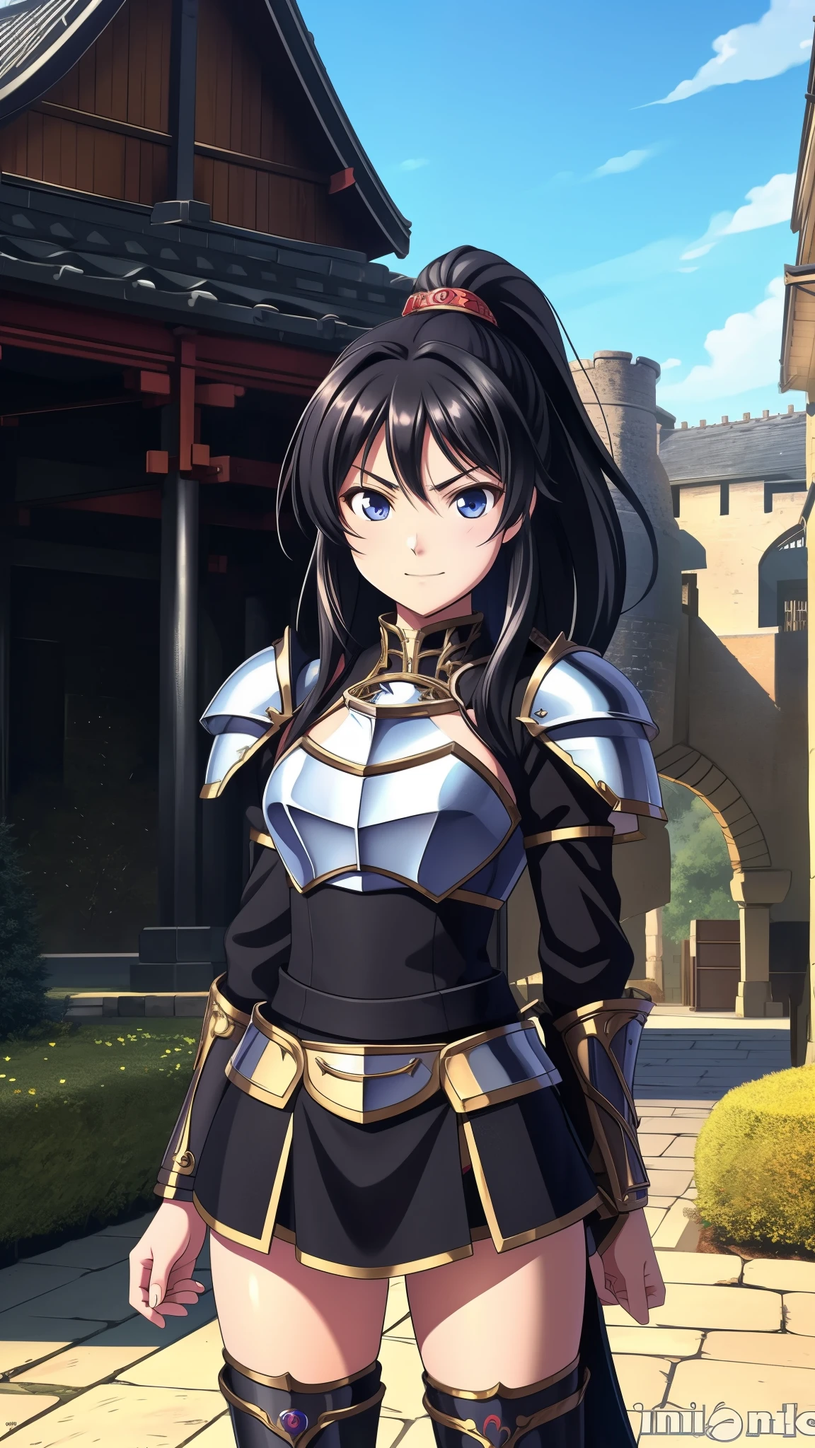 Art by Yaguru Magiku: A Teenage Girl in Black Knight Armor

In the tradition of Kyoto Animation in the 2010s, this official art piece showcases a solo teenager adorned in a black knight armor, emulating the distinct style of the era. The girl's face bears the eyes of Haruhi Suzumiya and the angry smile reminiscent of her character, yet her symmetric face and ponytail are uniquely her own. The setting is a medieval European castle on an autumn day, where vibrant leaves swirl around the towering stone walls and the girl stands alone. The artwork is rendered in 8k with an intricate attention to detail