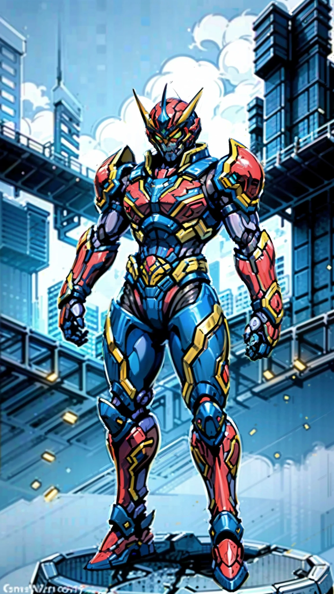 A man wearing a full-face helmet, a fantasy-style biotech armored combat suit, green eyes, (a composite layered chest armor), fully enclosed shoulder guards, matching arm and leg guards, the belt is adorned with fangs biting into gem, (the color scheme is primarily black with red accents), the design balances heavy with agility, a high-tech bio-mecha armor, (Armor Concept Inspired by Godzilla, stand on the top of a skyscraper in a futuristic sci-fi city), this character embodies a finely crafted fantasy-surreal style armored hero in anime style, exquisite and mature manga art style, (element, plasma, energy, the armor glows), ((male:1.5)), metallic, real texture material, dramatic, high definition, best quality, highres, ultra-detailed, ultra-fine painting, extremely delicate, professional, perfect body proportions, golden ratio, anatomically correct, symmetrical face, extremely detailed eyes and face, high quality eyes, creativity, RAW photo, UHD, 32k, Natural light, cinematic lighting, masterpiece-anatomy-perfect, masterpiece:1.5