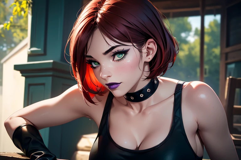 Masterpiece, beautiful art, professional artist, 8k, very detailed face, very detailed hair, 1girl, Rogue (RogueXME, short hair, two-tone hair, (red hair), (white bangs), green eyes, purple makeup, purple lipstick, medium breasts, smiling, choker, studded collar, tight yoga leggings and lycra sports bra, gloves), stretching on a yoga matt outside the X-Mansion on the porch, hot, horny, aroused, blushing, thinking of her girlfriend, missing her lover, no labels, no branding, perfectly drawn body, beautiful face, very detailed eyes, rosey cheeks, intricate details in eyes, perfect fit body, beautiful body, extremely detailed, intricate details, highly detailed, sharp focus, detailed skin, realistic skin texture, texture, detailed eyes, high resolution, kodak vision color, foto_\(ultra\), post-processing, maximum detail, roughness, real life, ultra realistic, photorealism, photography, absurdres, RAW photo, highest quality, high detail RAW color photo, professional photo, extremely detailed UHD 8k wallpaper unit, best quality, highres, (masterpiece, top quality, high resolution:1.4), photo, cinematic, film grain, sharp, soft natural light, magic photography, super detailed.