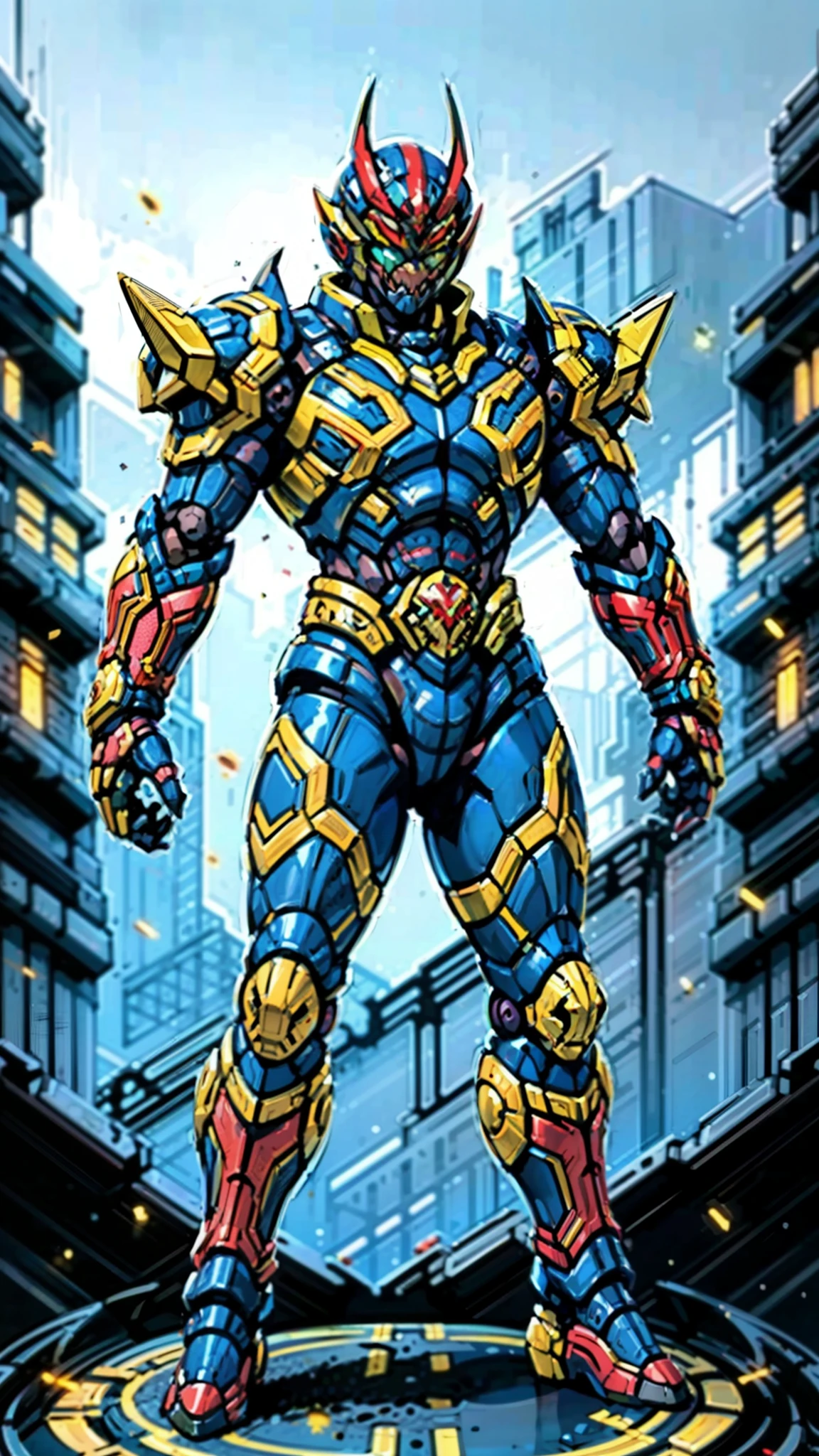 A man wearing a full-face helmet, a fantasy-style biotech armored combat suit, green eyes, (a composite layered chest armor), fully enclosed shoulder guards, matching arm and leg guards, the belt is adorned with fangs biting into gem, (the color scheme is primarily black with red accents), the design balances heavy with agility, a high-tech bio-mecha armor, (Armor Concept Inspired by Godzilla, stand on the top of a skyscraper in a futuristic sci-fi city), this character embodies a finely crafted fantasy-surreal style armored hero in anime style, exquisite and mature manga art style, (element, plasma, energy, the armor glows), ((male:1.5)), metallic, real texture material, dramatic, high definition, best quality, highres, ultra-detailed, ultra-fine painting, extremely delicate, professional, perfect body proportions, golden ratio, anatomically correct, symmetrical face, extremely detailed eyes and face, high quality eyes, creativity, RAW photo, UHD, 32k, Natural light, cinematic lighting, masterpiece-anatomy-perfect, masterpiece:1.5