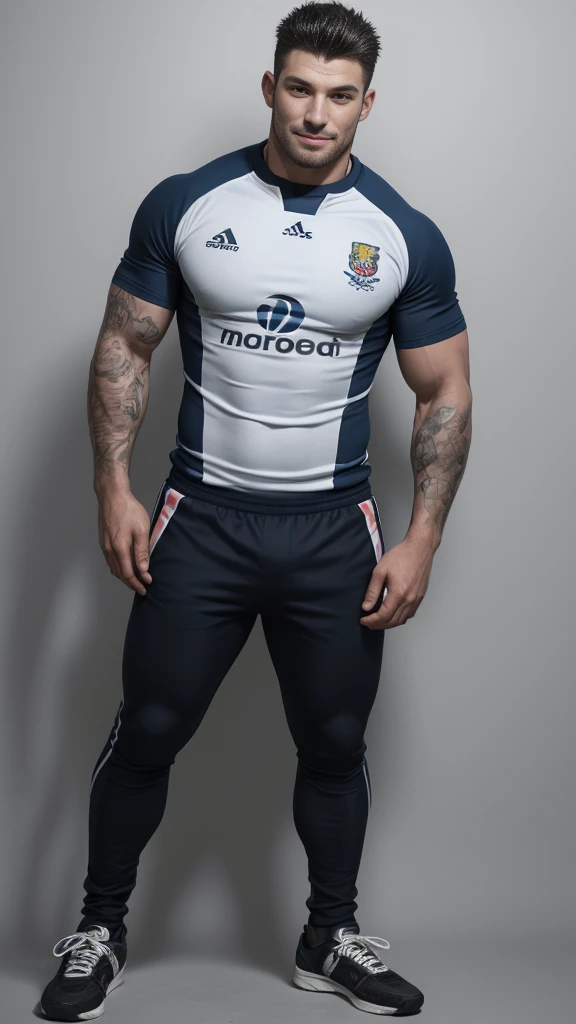 one pale daddy man rugby player, very beard,Full body, smile, rugby player, sport pants, rugby esportive uniform, wet black hair fade ,alluring demon eyes, European mature 30yo man  masturbate his cock,nice detailed naughty hands jercking his cock, big nose, (High shadow detail), wearing Calvin Klein rugby brands shirt, strong thighs legs, neck tattoo, large lips mouth, Wide shoulders, field background on golden-hour.