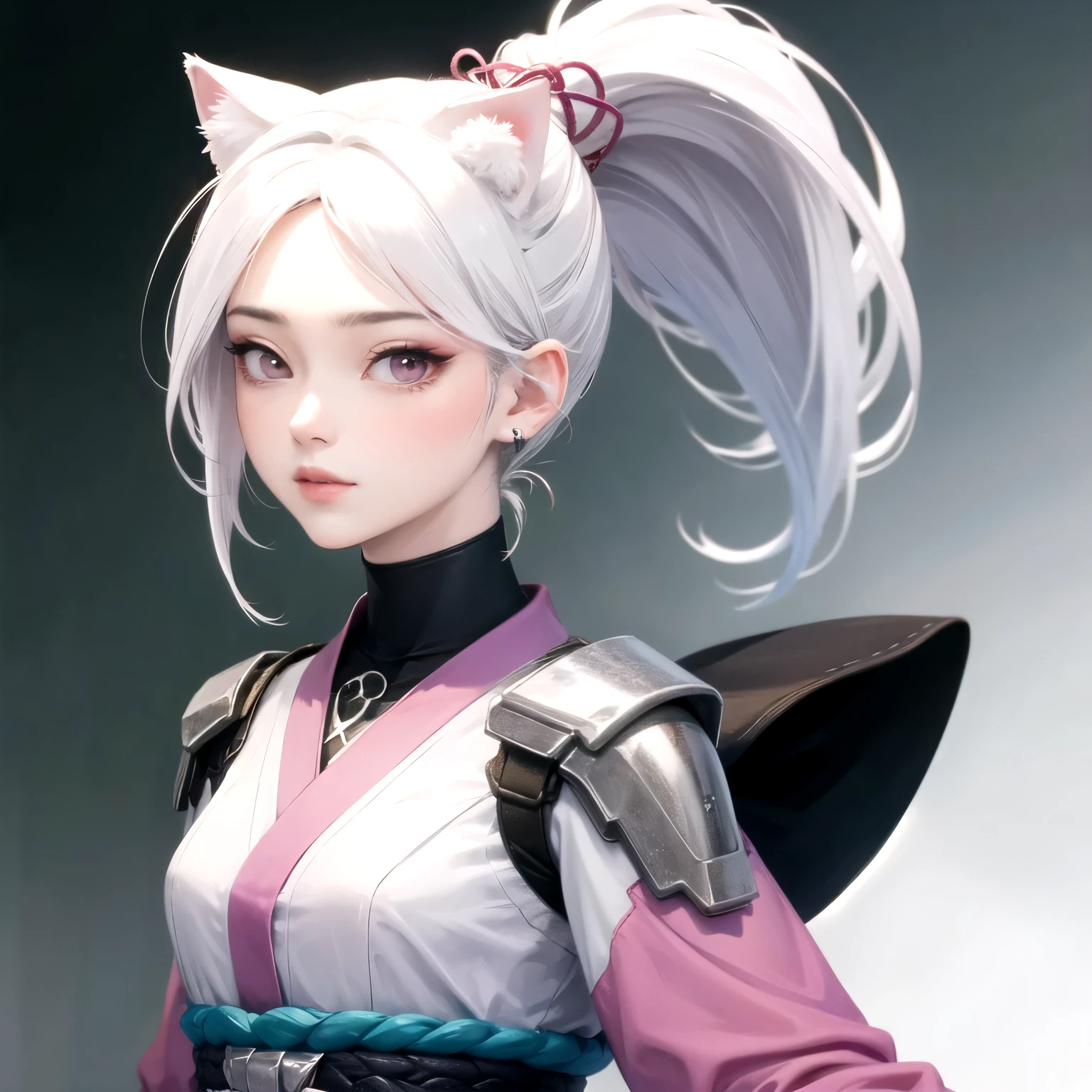 ((best quality)), ((masterpiece)), (detailed), perfect face. White hair. Ponytail. Asian girl. Pink eyes. Nekomimi.