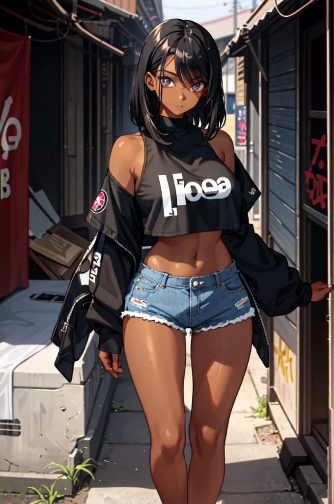1girl, masterpiece, best_quality, Dark-skinned_female, black hair,_eyes, black_eyes, large_breasts, Gyaru, Make up, Shorts, denim_shorts, crop_top, navel, midriff, toned, walking in slum (abs:0.8),