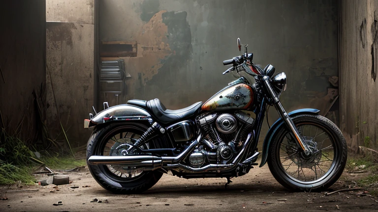 Abandoned Harley Davidson, metal enferrujado escuro, danificado (quebrado,naufragado) carros, weeds are growing