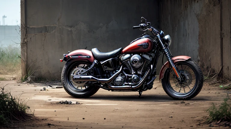 Abandoned Harley Davidson, metal enferrujado escuro, danificado (quebrado,naufragado) carros, weeds are growing