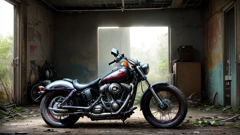 Abandoned Harley Davidson, metal enferrujado escuro, danificado (quebrado,naufragado) carros, weeds are growing