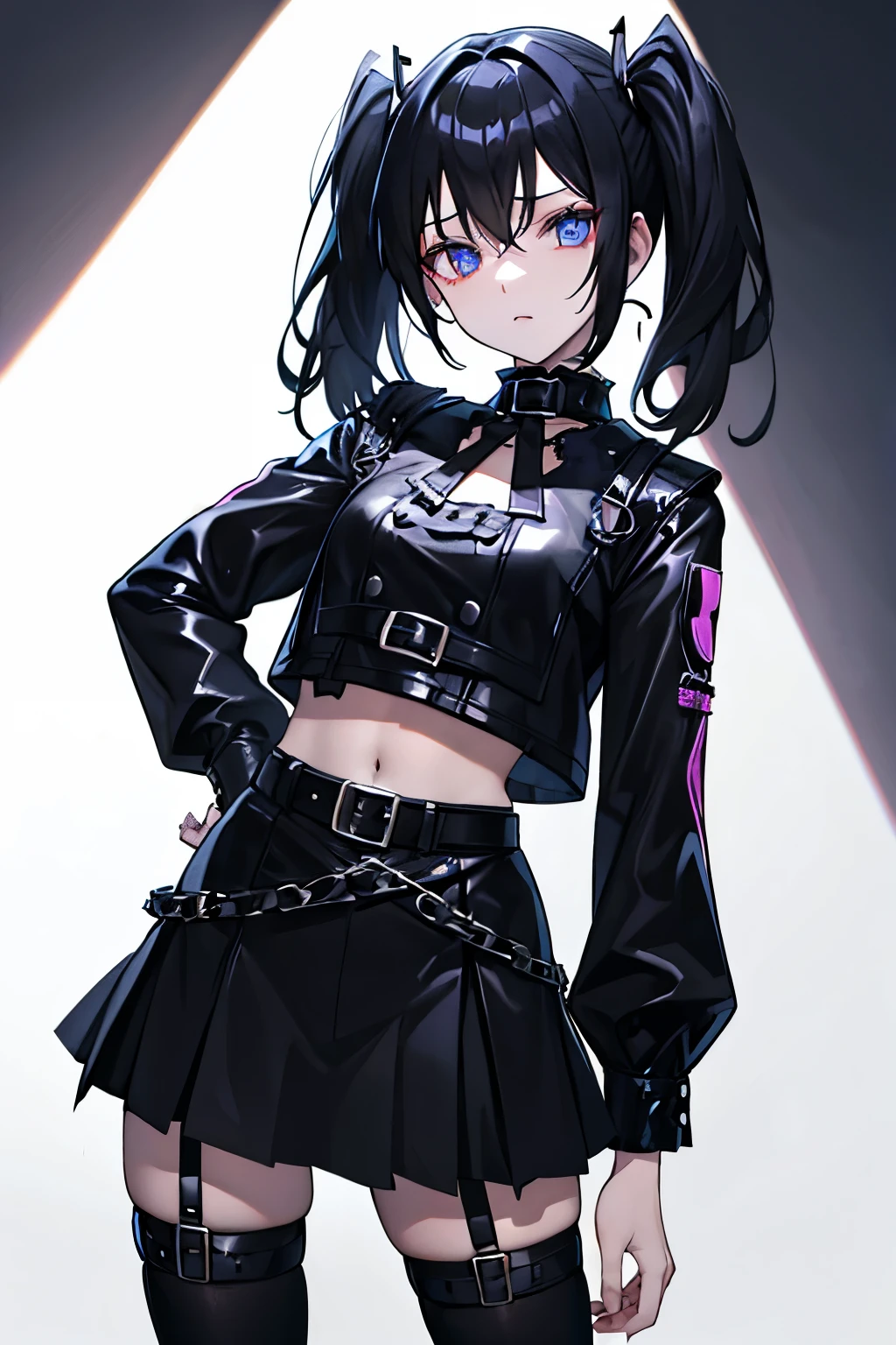 ((Best quality, 8k)), 19 year old female, dark mood atmosphere, dark mood girl, dark angel, 1 girl, perfect body, perfect hair, perfect face, pretty, serious, tomboyish, tomboy looks, warrior, ultra detailed, face, body, lips, hair, eyes, clothes, environments, and skin, waist long hair, pure black hair, pure black eyes, fully clothed with skirt and boots