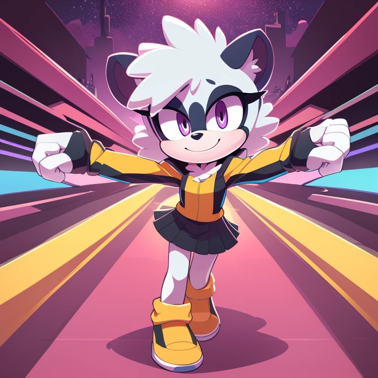 ((mouse)), young, cub, (chibi), solo, black hair, messy hair, ((black fur)), ((fluffy body)), long pink mouse tail, (purple eyes), ((pussy)), skirt, crop top, ((playground)), standing, looking back, happy, Very good figure, best quality, highres, 16k, Natural soft light, Tyndall effect, Advanced film lighting, Unreal Engine5, Extremely realistic, A high resolution, perfect masterpiece, high quality, high resolution