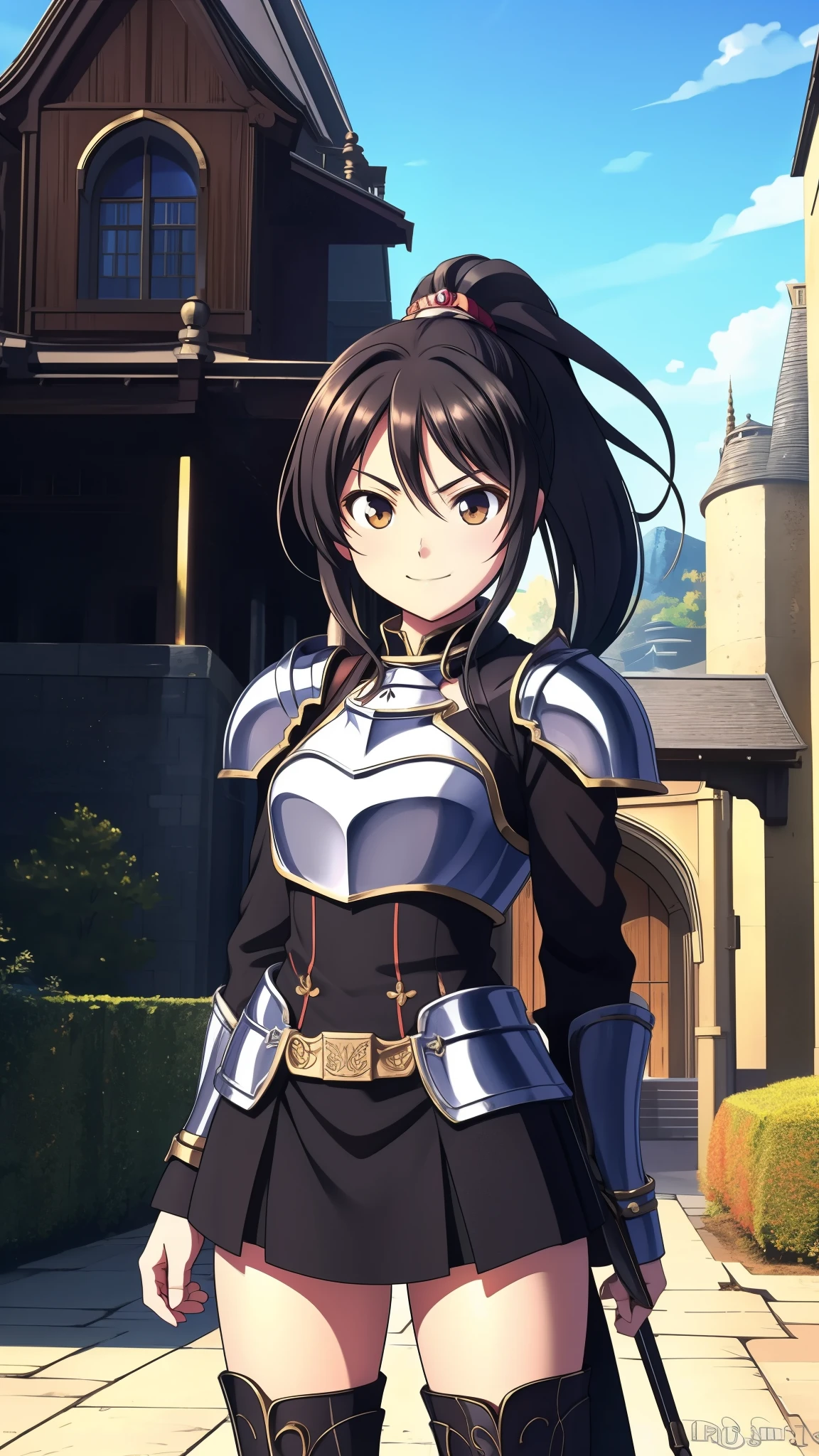 art by yaguru magiku, A Solo 1.5 teenage girl, donning a Black Knight Armor 1.3, adorned with an Angry Smile 1.4, in the Stylish Manner of Kyoto Animation in the 2010s 1.6, Official Art 1.5, featuring a Beautiful Symmetric Face 1.2, reminiscent of Haruhi Suzumiya's, with a Ponytail 1.3, set against the Backdrop of a Medieval European Castle 1.4 on an Autumn Day 1.2, amidst the Fantasy 1.3 of a Timeless Era