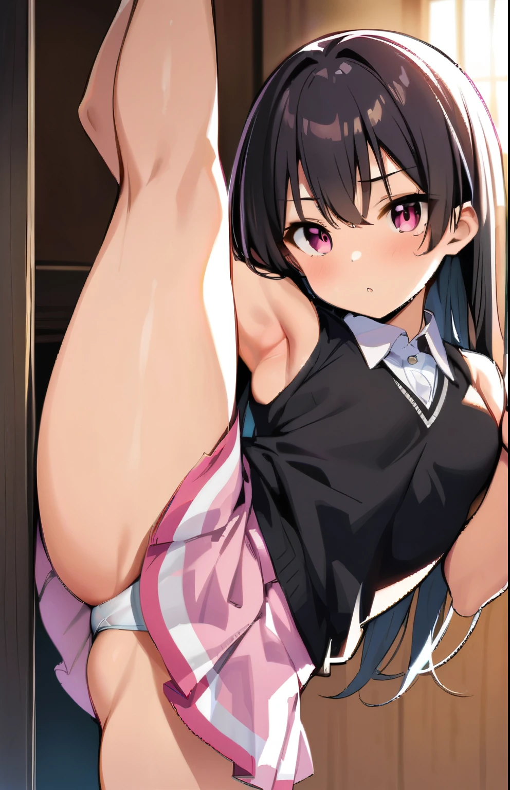 (masterpiece, best quality:1.2), mitsuri, solo,standing_split,
Yuuki Mikan, long hair,black sleeveless short vest,pink skirt,black