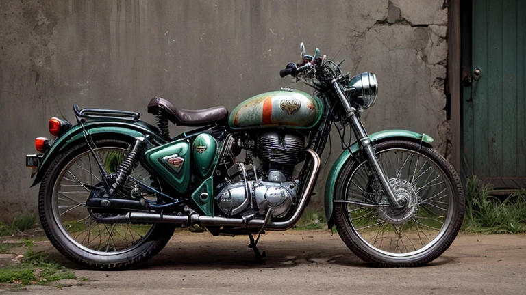 Abandoned Royal Enfield motocicleta , metal enferrujado escuro, danificado (quebrado,naufragado) carros, weeds are growing