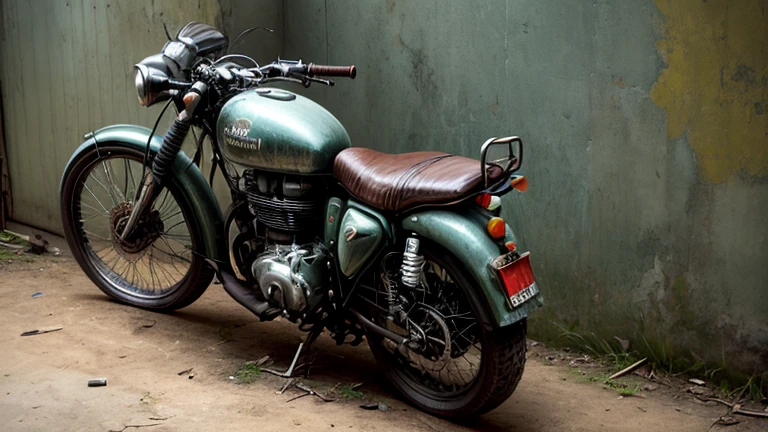 Abandoned Royal Enfield motocicleta , metal enferrujado escuro, danificado (quebrado,naufragado) carros, weeds are growing