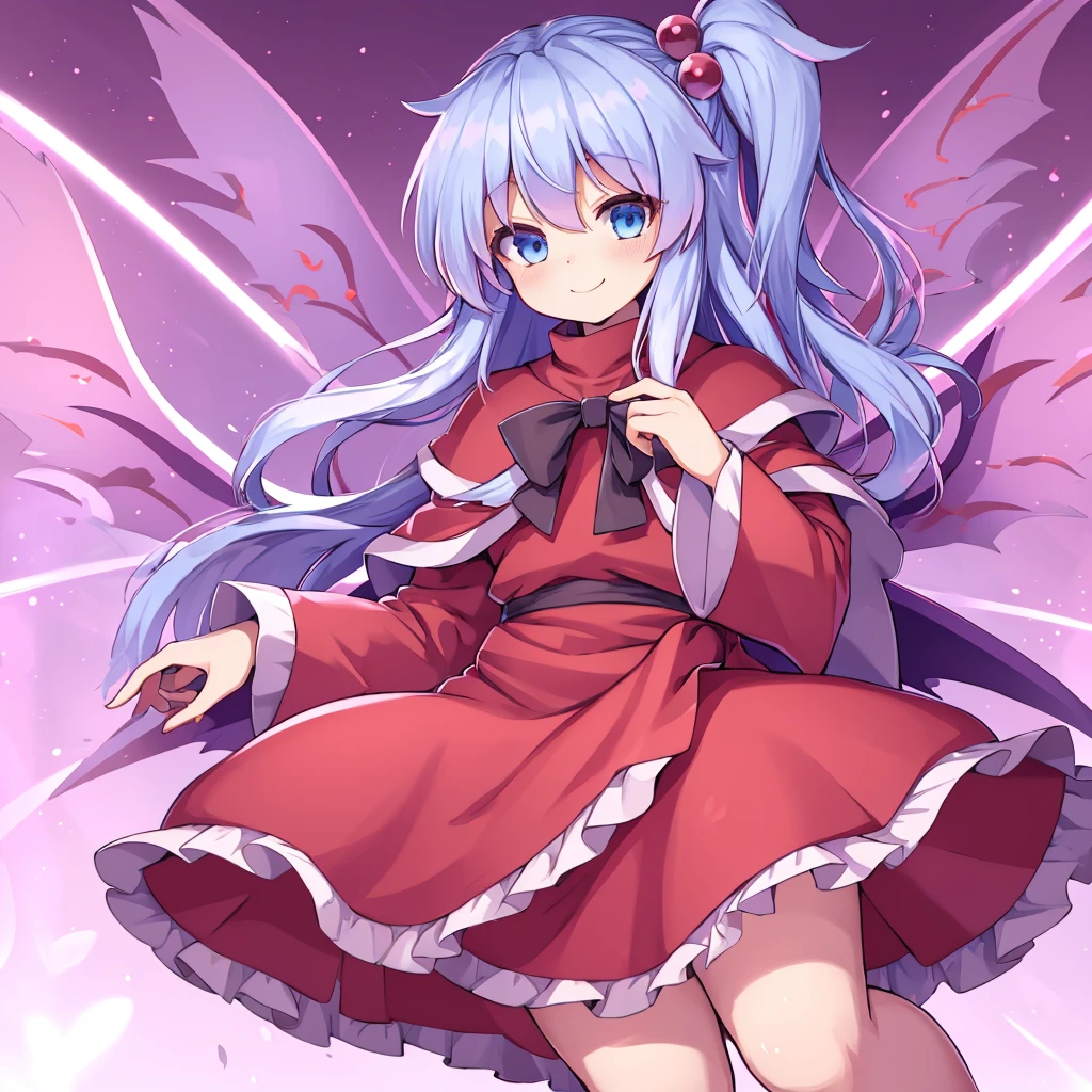 a digital drawing of a fairy looking girl wearing a pink dress with blue hair, masterpiece, best quality, shinki (touhou), 1girl, solo, , one side up, hair ornament, hair bobbles, long hair, side ponytail, blue hair, blue eyes, smile, bangs, red dress, pink sweater, Turtleneck Sweater, long sleeves, capelet, long maxi-skirt, very long skirt, wrap skirt, loafers, wings, multiple wings, purple wings, six purple wings red markings, white hair, long white hair, and wears red robes, Shinki \(touhou\), black bowtie, looking at viewer, white background, simple background