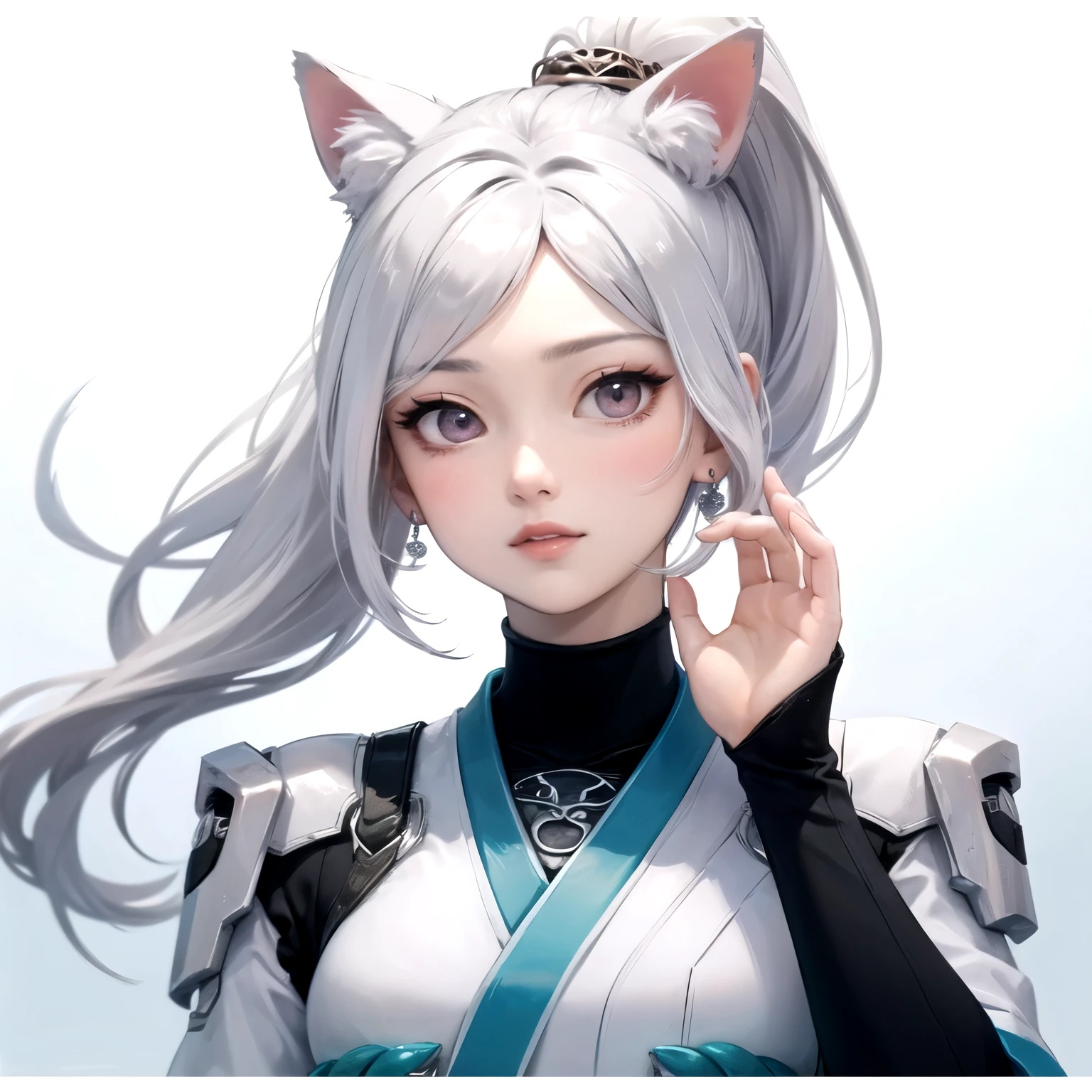 ((best quality)), ((masterpiece)), (detailed), perfect face. White hair. Ponytail. Asian girl. Pink eyes. Nekomimi.