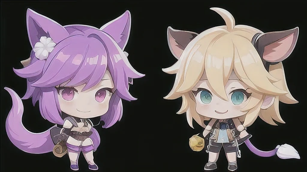 a cartoon image of a girl with a purple hair and a black top, kda, character art of maple story, （（Deer antler hair accessories））advanced digital chibi art, arcane art style, 2 d sprite, genshin impact character, official character art, chibi monster girl, chibi, , noire, ayaka genshin impact, maplestory mouse, hero 2 d fanart artsation，a cartoon image of a girl with a purple hair and a purple outfit, , chibi, kda, twitch emote, chibi monster girl, [[[[grinning evily]]]], 2 d sprite, of a ramlethal valentine,Purple and white combination, melty, cute cyber gods, advanced digital chibi art（（2 girls ））Long purple-white hair，Double tail，big eyes，Sports Posture，Combat Status，Full mana