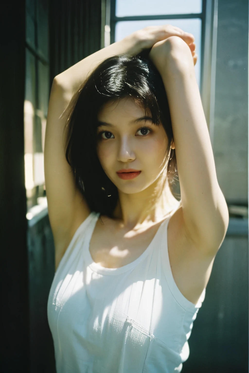 masterpiece of analog film photography taken by Hideaki Hamada,a 20yo girl,the sunlight illuminating her gentle face, SHOFF ARMPITS, DETAILED ARMPIT