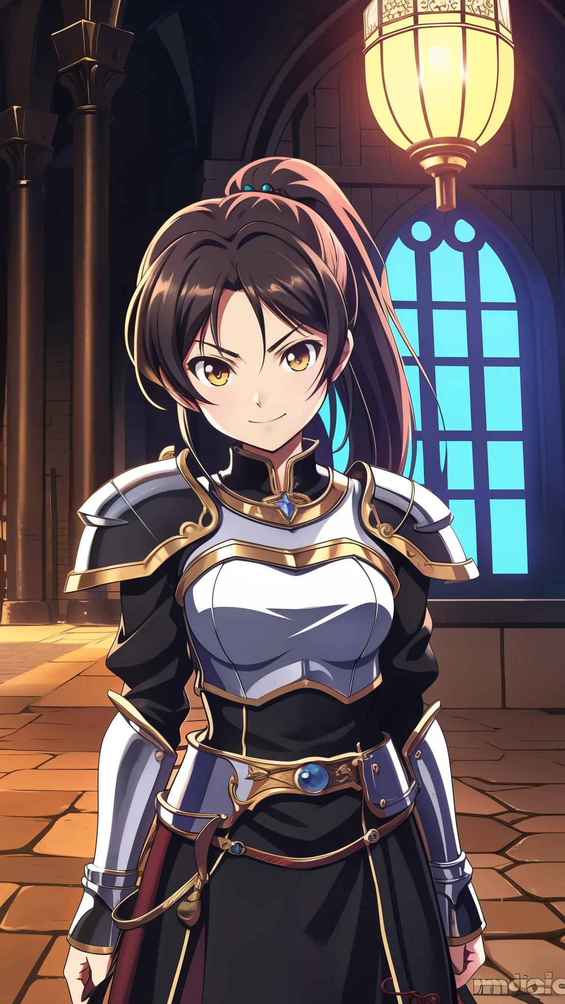 art by yaguru magiku, A Solo 1.5 teenage girl, donning a Black Knight Armor 1.3, adorned with an Angry Smile 1.4, in the Stylish Manner of Kyoto Animation in the 2010s 1.6, Official Art 1.5, featuring a Beautiful Symmetric Face 1.2, reminiscent of Haruhi Suzumiya's, with a Ponytail 1.3, set against the Backdrop of a Medieval European Castle 1.4 on an Autumn Day 1.2, amidst the Fantasy 1.3 of a Timeless Era