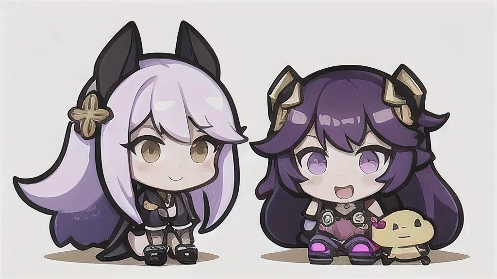 a cartoon image of a girl with a purple hair and a black top, kda, character art of maple story, （（Deer antler hair accessories））advanced digital chibi art, arcane art style, 2 d sprite, genshin impact character, official character art, chibi monster girl, chibi, , noire, ayaka genshin impact, maplestory mouse, hero 2 d fanart artsation，a cartoon image of a girl with a purple hair and a purple outfit, , chibi, kda, twitch emote, chibi monster girl, [[[[grinning evily]]]], 2 d sprite, of a ramlethal valentine,Purple and white combination, melty, cute cyber gods, advanced digital chibi art（（2 girls ））Long purple-white hair，Double tail，big eyes，Sports Posture，Combat Status，Full mana