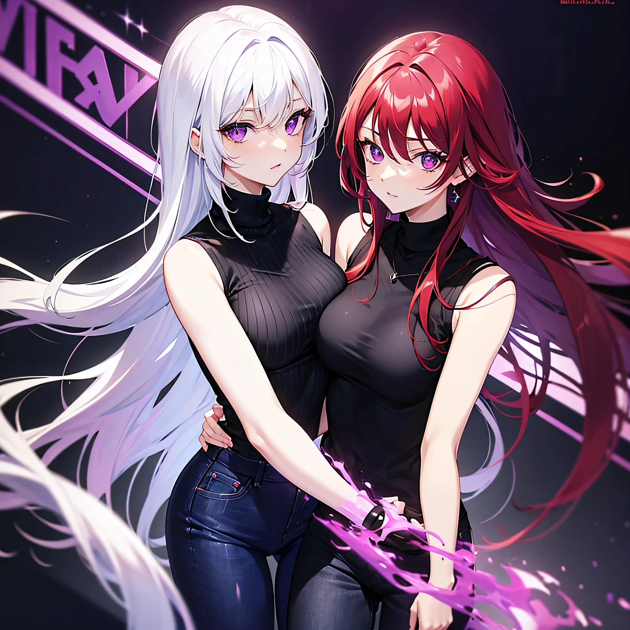 (Two woman) red hair woman with purple eyes, sexy, tight black sweater, tight jeans. White hair womans with purple eyes, sleeveless sweater. 