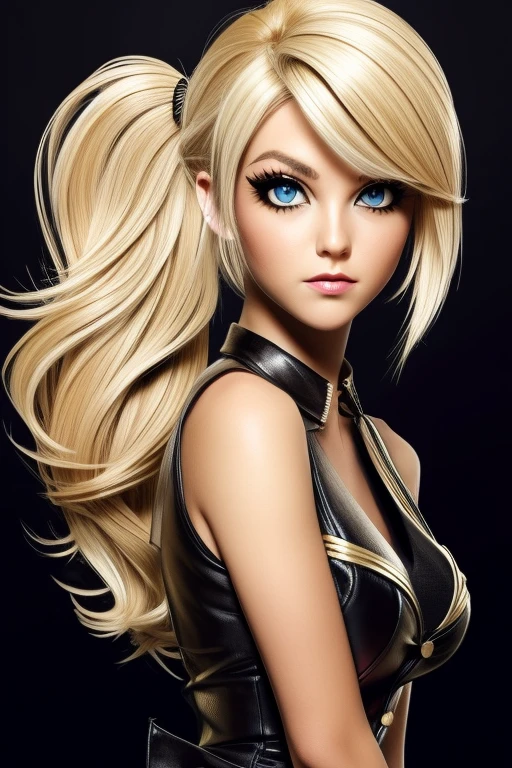 Blonde-haired Emo Pin up Girl, Black Faux, Lustrous zomp eyes, Striking a pose