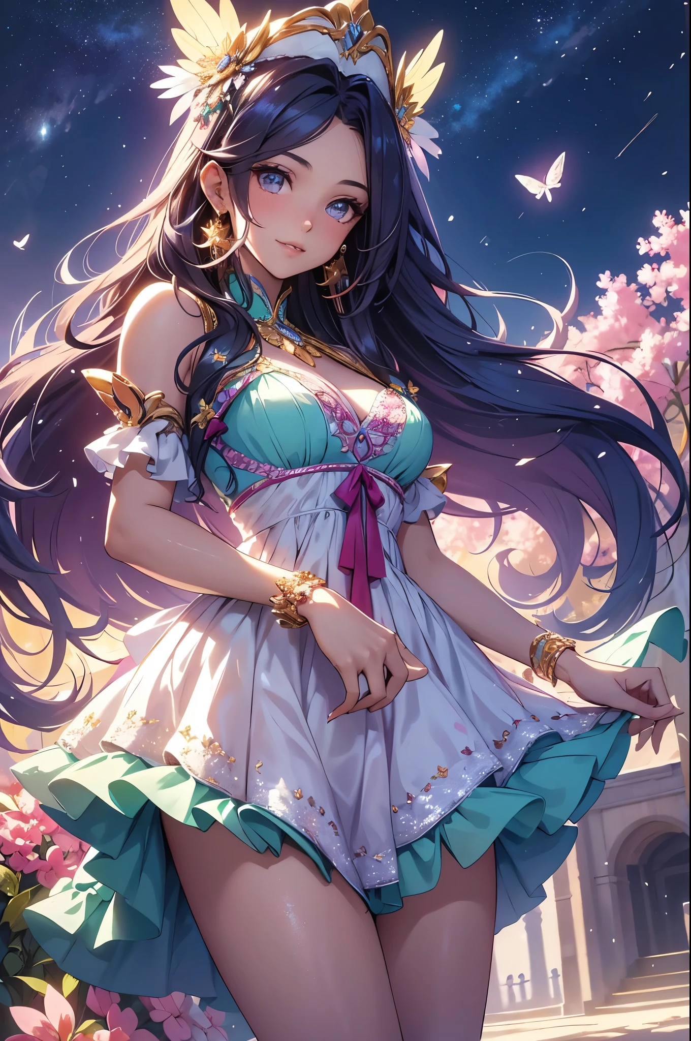 (best quality,4k,8k,highres,masterpiece:1.2),ultra-detailed,(realistic,photorealistic,photo-realistic:1.37),acrylic painting,beautiful Brazilian model in a ta dress with downy hair,beautiful Brazilian model with extremely colorful hair and detailed facial features,beautiful Brazilian model standing in a beautiful garden surrounded by a starry sky,beautiful Brazilian model wearing a vibrant Loliress,beautiful Brazilian model with intricate accessories and a matching hat,beautiful Brazilian model posing gracefully with her hands on her hips,beautiful Brazilian model with long flowing twintails,beautiful Brazilian model with bright blue eyes and rosy lips,beautiful Brazilian model with a joyful expression,beautiful Brazilian model in a dynamic pose with cherry blossoms falling around her,beautiful Brazilian model surrounded by colorful flowers and butterflies,beautiful Brazilian model's dress adorned with cute bows and lace details,beautiful Brazilian model with an enchanting smile,beautiful Brazilian model with soft, pastel-colored shading,beautiful Brazilian model with a magical glow illuminating her,beautiful Brazilian model in a picturesque setting with a winding path leading to a magnificent castle,beautiful Brazilian model holding a microphone and singing passionately,beautiful Brazilian model with a fairytale-like background,beautiful Brazilian model with a soft, dreamy atmosphere,beautiful Brazilian model with a subtle bokeh effect,beautiful Brazilian model standing under a moonlit sky,beautiful Brazilian model with a warm, golden sunset in the background,beautiful Brazilian model surrounded by twinkling stars and colorful nebulae,creating an ethereal and captivating artistic masterpiece.