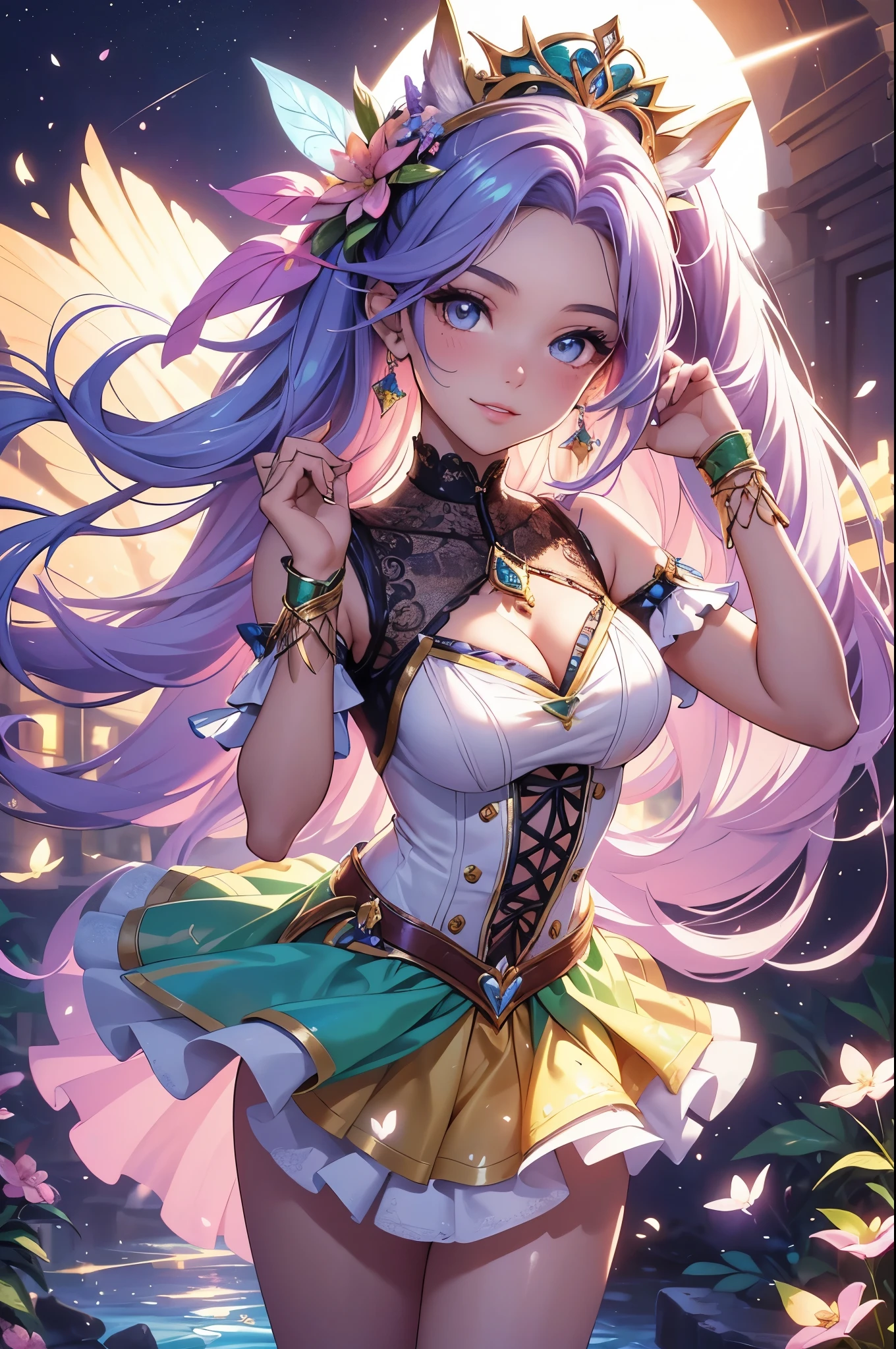(best quality,4k,8k,highres,masterpiece:1.2),ultra-detailed,(realistic,photorealistic,photo-realistic:1.37),acrylic painting,beautiful Latina model in a ta dress with downy hair,beautiful Latina model with extremely colorful hair and detailed facial features,beautiful Latina model standing in a beautiful garden surrounded by a starry sky,beautiful Latina model wearing a vibrant Loliress,beautiful Latina model with intricate accessories and a matching hat,beautiful Latina model posing gracefully with her hands on her hips,beautiful Latina model with long flowing twintails,beautiful Latina model with bright pink eyes and rosy lips,beautiful Latina model with a joyful expression,beautiful Latina model in a dynamic pose with cherry blossoms falling around her,beautiful Latina model surrounded by colorful flowers and butterflies,beautiful Latina model's dress adorned with cute bows and lace details,beautiful Latina model with an enchanting smile,beautiful Latina model with soft, pastel-colored shading,beautiful Latina model with a magical glow illuminating her,beautiful Latina model in a picturesque setting with a winding path leading to a magnificent castle,,beautiful Latina model with a fairytale-like background,beautiful Latina model with a soft, dreamy atmosphere,beautiful Latina model with a subtle bokeh effect,beautiful Latina model standing under a moonlit sky,beautiful Latina model with a warm, golden sunset in the background,beautiful Latina model surrounded by twinkling stars and colorful nebulae,creating an ethereal and captivating artistic masterpiece, silver hair, cat ears