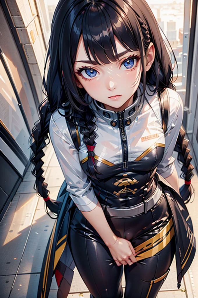 (best quality, masterpiece, uncensored, high quality, ultra detailed, extremely detailed CG, beautiful face, beautiful eyes, beautiful hair), solo, 1girl, light purple and white gradient long hair, cold, kind, long twin braids, futuristic clothes, robot suit, future, universe, city