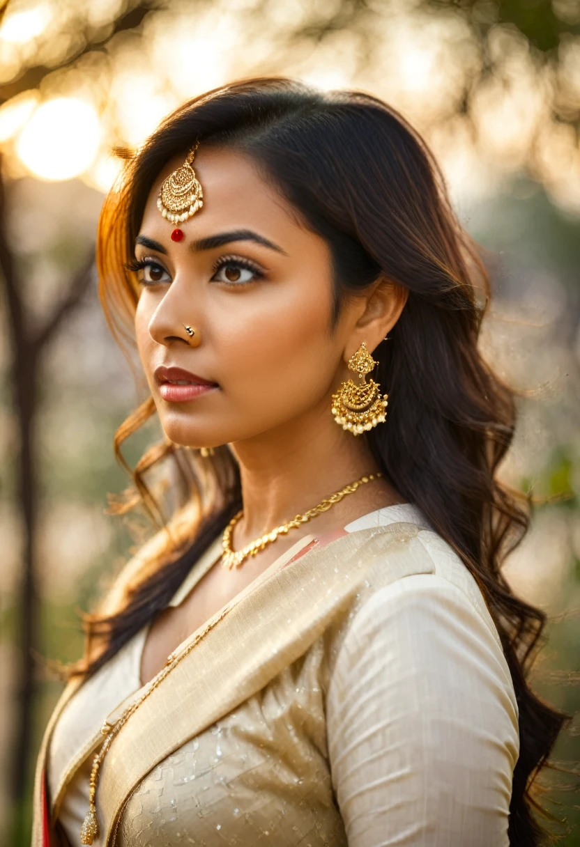 1 indian girl, (sharp focus) , blurry background, depth of field, earrings, hair over one eye, jewelry, lips, long hair, necklace, ring, solo, sunlight, sunset, golden hours, tree, upper body, ((shot on arri alexa LF) ), bokeh , (extremely symmetrical perfect face)