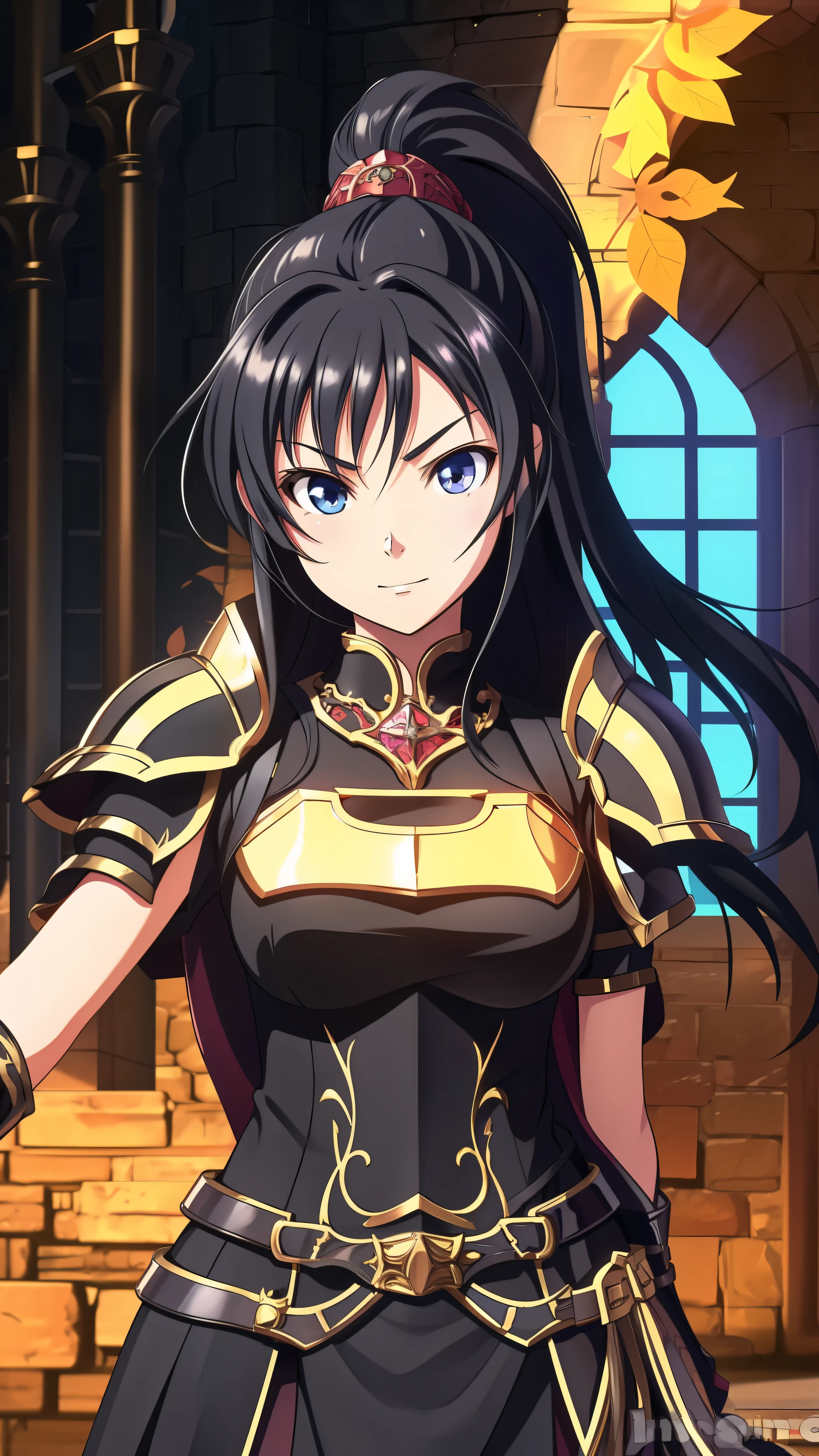 Art by Yaguru Magiku: A Teenage Girl in Black Knight Armor

In the tradition of Kyoto Animation in the 2010s, this official art piece showcases a solo teenager adorned in a black knight armor, emulating the distinct style of the era. The girl's face bears the eyes of Haruhi Suzumiya and the angry smile reminiscent of her character, yet her symmetric face and ponytail are uniquely her own. The setting is a medieval European castle on an autumn day, where vibrant leaves swirl around the towering stone walls and the girl stands alone. The artwork is rendered in 8k with an intricate attention to detail