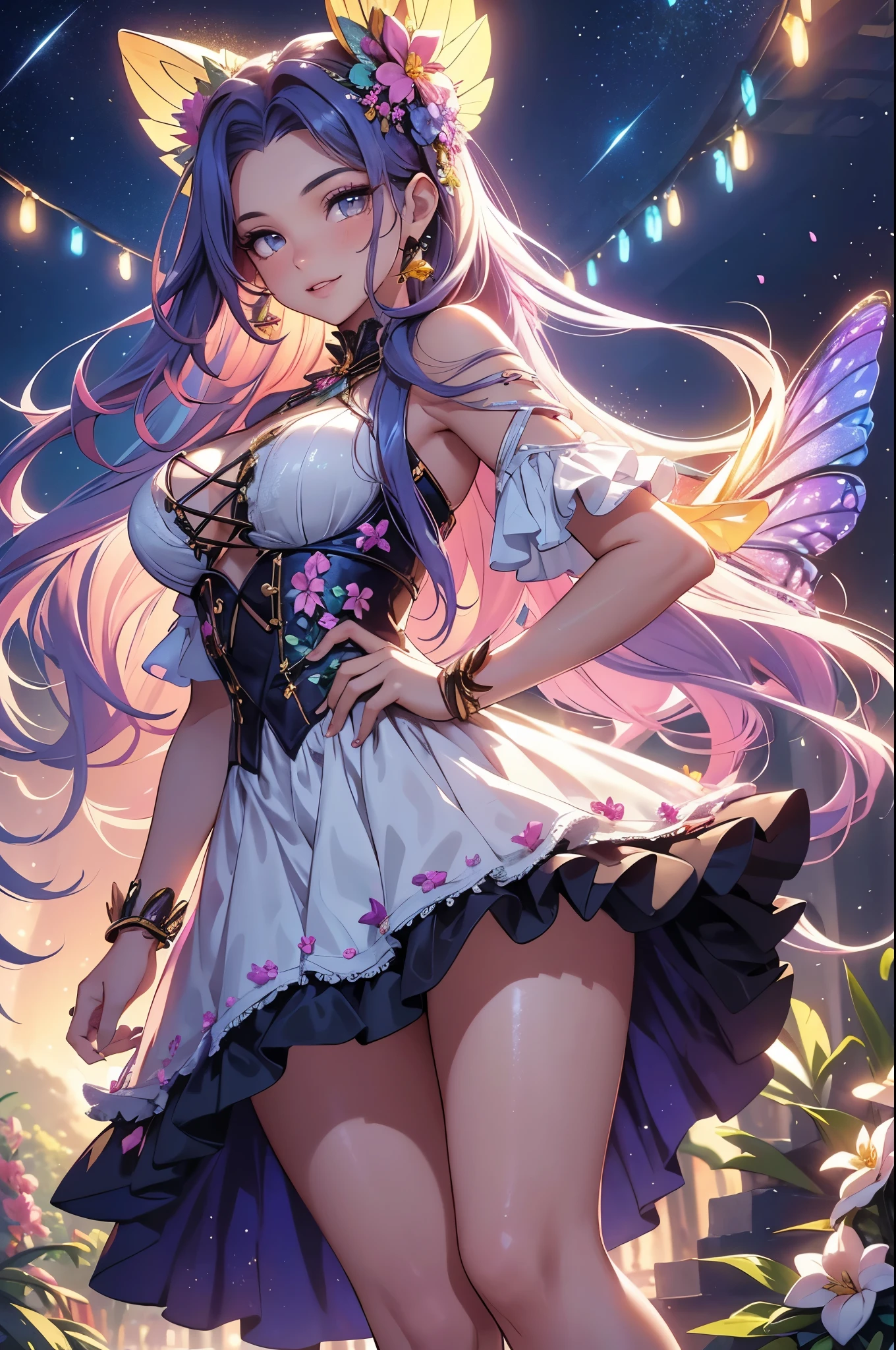 (best quality,4k,8k,highres,masterpiece:1.2),ultra-detailed,(realistic,photorealistic,photo-realistic:1.37),acrylic painting,beautiful Brazilian model in a ta dress with downy hair,beautiful Brazilian model with extremely colorful hair and detailed facial features,beautiful Brazilian model standing in a beautiful garden surrounded by a starry sky,beautiful Brazilian model wearing a vibrant Loliress,beautiful Brazilian model with intricate accessories and a matching hat,beautiful Brazilian model posing gracefully with her hands on her hips,beautiful Brazilian model with long flowing twintails,beautiful Brazilian model with bright blue eyes and rosy lips,beautiful Brazilian model with a joyful expression,beautiful Brazilian model in a dynamic pose with cherry blossoms falling around her,beautiful Brazilian model surrounded by colorful flowers and butterflies,beautiful Brazilian model's dress adorned with cute bows and lace details,beautiful Brazilian model with an enchanting smile,beautiful Brazilian model with soft, pastel-colored shading,beautiful Brazilian model with a magical glow illuminating her,beautiful Brazilian model in a picturesque setting with a winding path leading to a magnificent castle,beautiful Brazilian model holding a microphone and singing passionately,beautiful Brazilian model with a fairytale-like background,beautiful Brazilian model with a soft, dreamy atmosphere,beautiful Brazilian model with a subtle bokeh effect,beautiful Brazilian model standing under a moonlit sky,beautiful Brazilian model with a warm, golden sunset in the background,beautiful Brazilian model surrounded by twinkling stars and colorful nebulae,creating an ethereal and captivating artistic masterpiece.