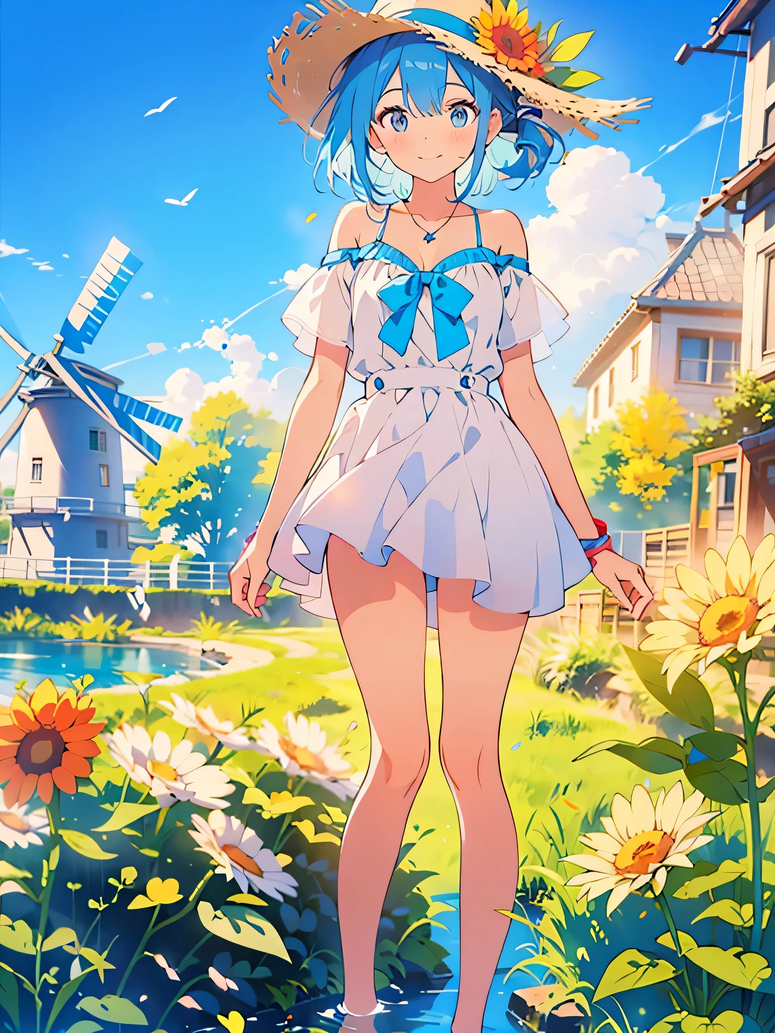 NSFW,masterpiece, best quality,(((color trace))),looking at viewer,sun shine image,((short stature))
1girl, solo, open eyes,smile, standing,shoulder cutout, dress,((((blue hair)))),blue panty,green eyes,grim eyes, pigtail, blush, shortcut hair, white dress, clothing cutout, bangs, necklace, blurry, hand between legs, aquamarine background, between legs, bow, facing viewer, small breasts, bare shoulders, straw hat, day, collarbone, hair bow, short sleeves, feet out of frame, ribbon,depth of field, hair over shoulder,day, sky, aqua field,water,bright sky,sun flower,wind mill