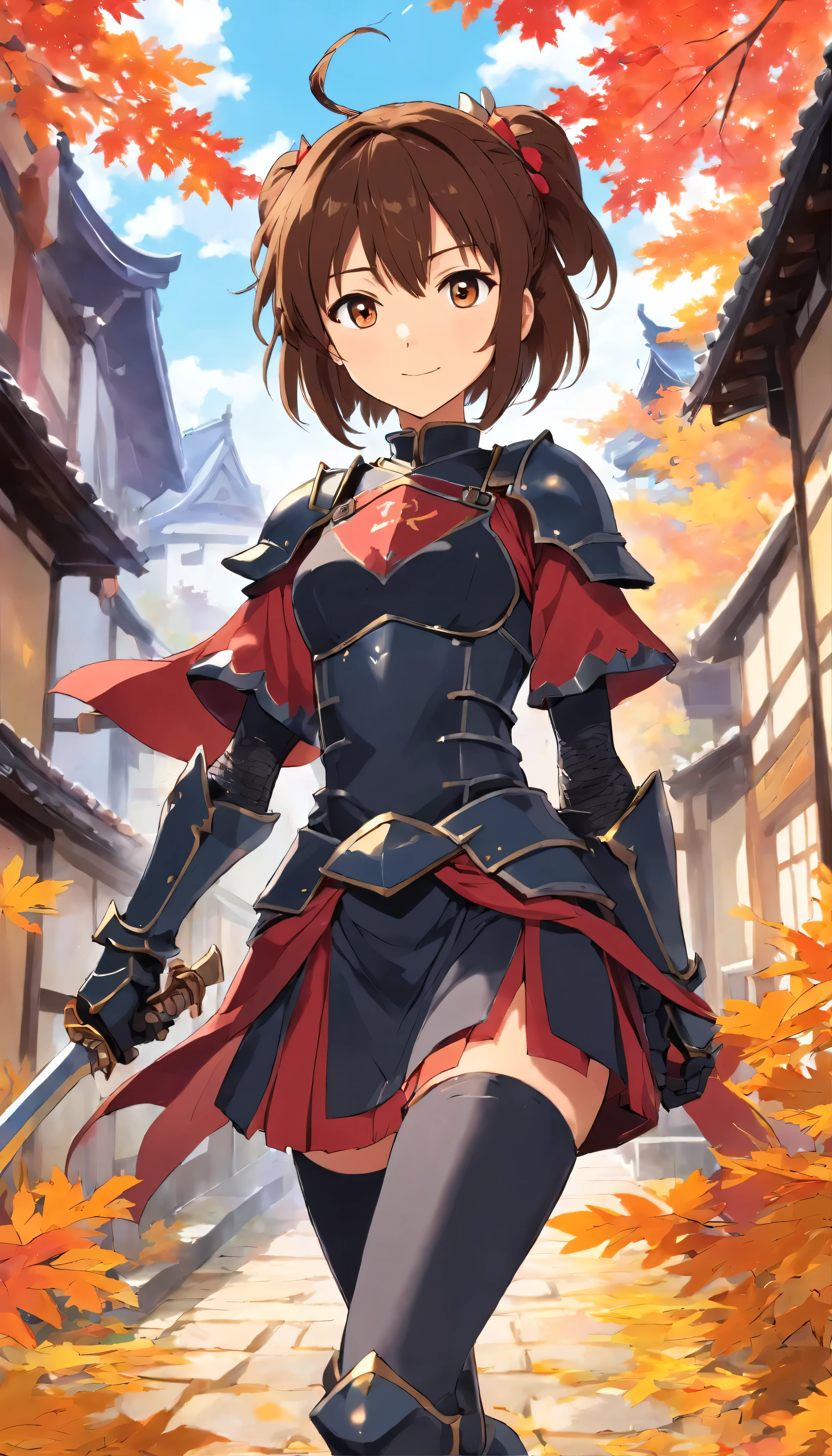 A teenage girl in black knight armor, inheriting the tradition of Kyoto Animation in the 2010s、A teenager in black knight armor、This is an official artwork that imitates the unique style of the time.。Haruhi Suzumiya face art:Yaguru Magiku: A teenage girl in black knight armor, inheriting the tradition of Kyoto Animation in the 2010s、A teenager in black knight armor、This is an official artwork that imitates the unique style of the time.。The girl's face has the eyes of Haruhi Suzumiya、The angry smile that comes to mind is reminiscent of her character.、Her symmetrical face and ponytail are unique to her。The setting is a medieval European castle on an autumn day.、Colorful leaves swirl around the towering stone walls.、The girl stands alone。The artwork is rendered in 8K.、Great attention to detail