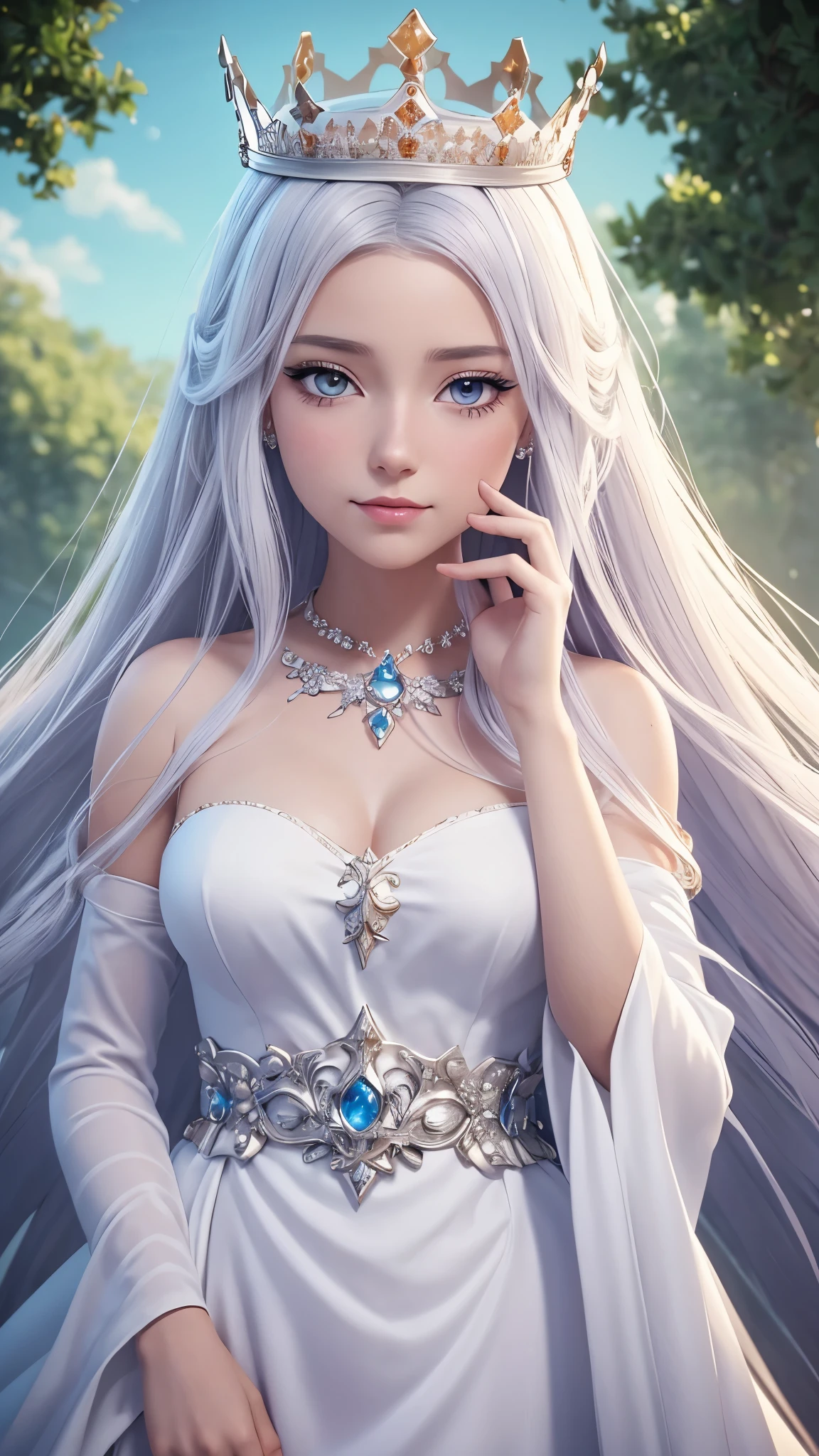 best quality, masterpiece,white hair, blue eyes, Upper Body,Gorgeous background,1 Girl, Flowing hair