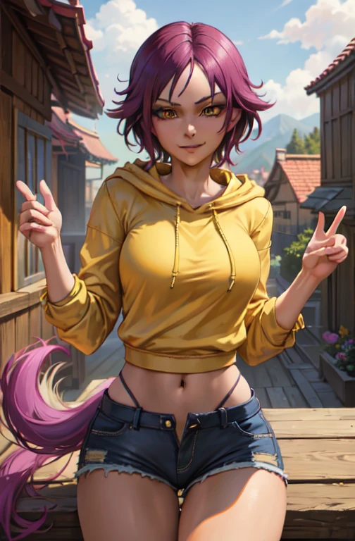 (Masterpiece, Best Quality:1.2), Solo, 1girl, Shihouin Yoruichi, Smirk, Looking at the Viewer, Tail, Realistic Eyes, Best Quality, Closed Mouth, Beautiful Lighting, Cinematic, 8K, Facial, Wet Face, Liner, Wooden Walls, Big , Yellow Hoodie, Short Shorts, Wide Thighs, Yellow Eyes, Erotica