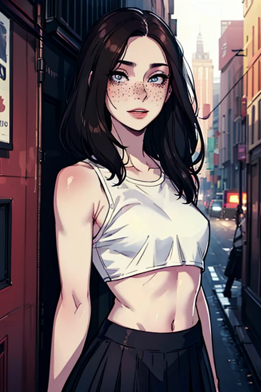 
Masterpiece, best quality, womanly, excited expression, portrait, brunette, pale skin, happy eyes, black tabled skirt, pink full lips, white crop top, freckles,  hair, urban setting, small waist big hips, fit, 