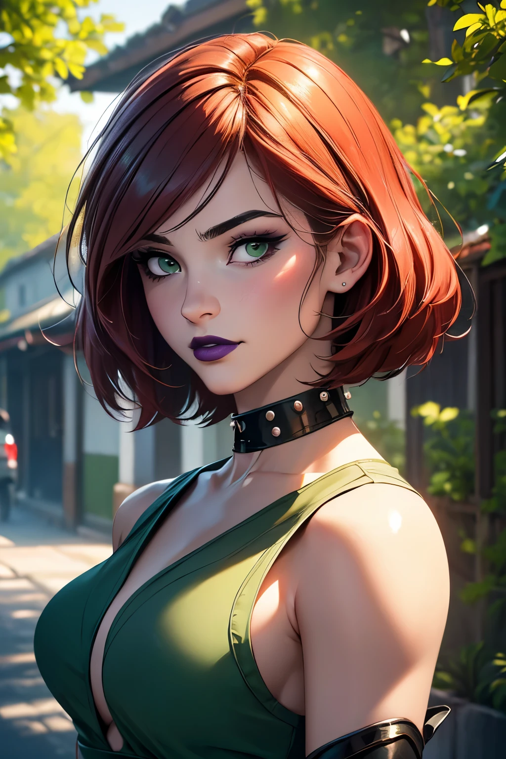 Masterpiece, beautiful art, professional artist, 8k, very detailed face, very detailed hair, 1girl, Rogue (RogueXME, short hair, two-tone hair, (red hair), (white bangs), green eyes, purple makeup, purple lipstick, medium breasts, smiling, choker, studded collar, ((green shirt)), miniskirt, leather skirt, gloves, boots), walking the streets of Kyoto, beautiful cherry blossoms, sunset, hot, horny, aroused, blushing, thinking of her girlfriend, missing her lover, no labels, no branding, perfectly drawn body, beautiful face, very detailed eyes, rosey cheeks, intricate details in eyes, perfect fit body, beautiful body, extremely detailed, intricate details, highly detailed, sharp focus, detailed skin, realistic skin texture, texture, detailed eyes, high resolution, kodak vision color, foto_\(ultra\), post-processing, maximum detail, roughness, real life, ultra realistic, photorealism, photography, absurdres, RAW photo, highest quality, high detail RAW color photo, professional photo, extremely detailed UHD 8k wallpaper unit, best quality, highres, (masterpiece, top quality, high resolution:1.4), photo, cinematic, film grain, sharp, soft natural light, magic photography, super detailed