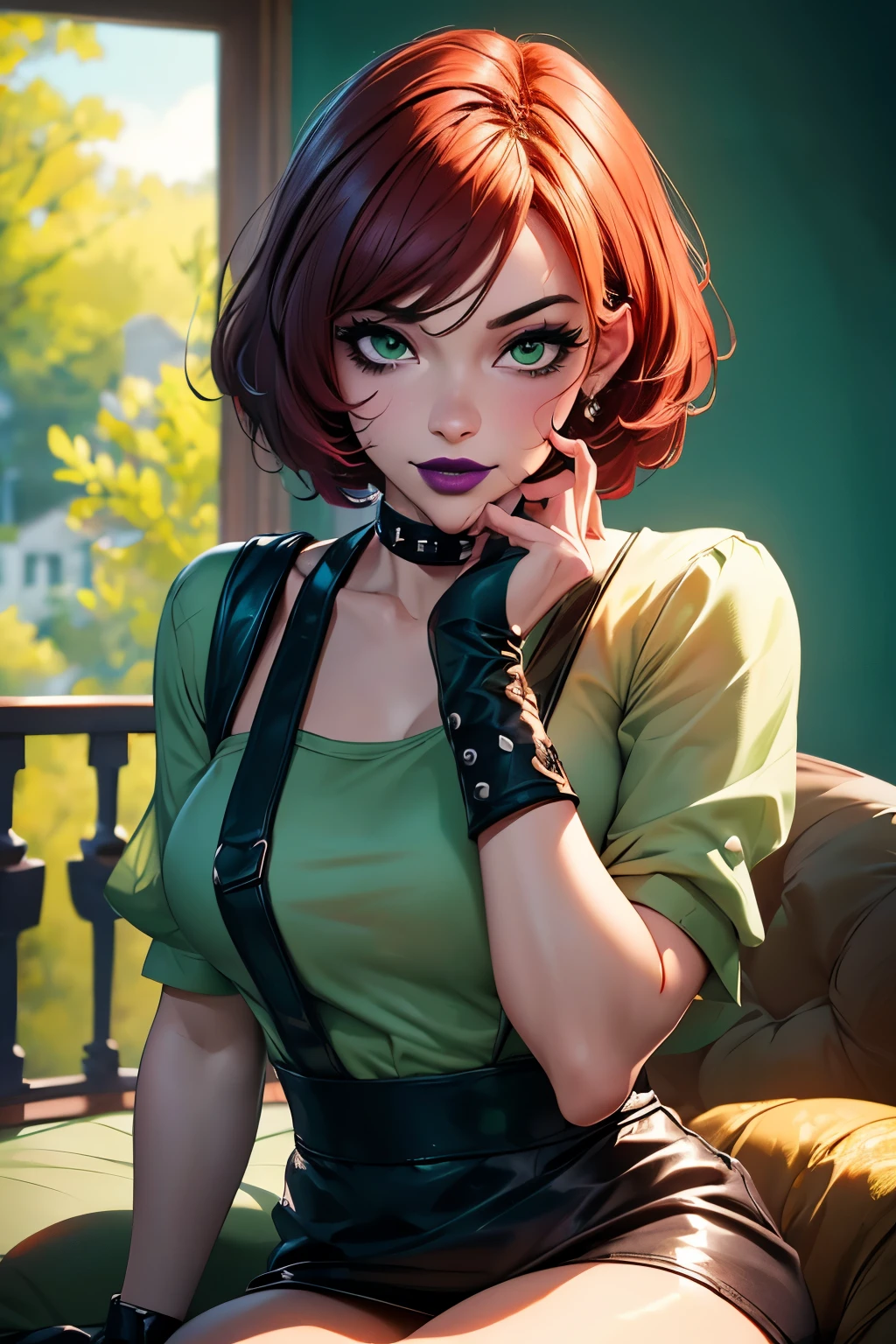 Masterpiece, beautiful art, professional artist, 8k, very detailed face, very detailed hair, 1girl, Rogue (RogueXME, short hair, two-tone hair, (red hair), (white bangs), green eyes, purple makeup, purple lipstick, medium breasts, smiling, choker, studded collar, ((green shirt)), miniskirt, leather skirt, gloves, boots), walking around the X-Mansion, hot, horny, aroused, blushing, thinking of her girlfriend, missing her lover, no labels, no branding, perfectly drawn body, beautiful face, very detailed eyes, rosey cheeks, intricate details in eyes, perfect fit body, beautiful body, extremely detailed, intricate details, highly detailed, sharp focus, detailed skin, realistic skin texture, texture, detailed eyes, high resolution, kodak vision color, foto_\(ultra\), post-processing, maximum detail, roughness, real life, ultra realistic, photorealism, photography, absurdres, RAW photo, highest quality, high detail RAW color photo, professional photo, extremely detailed UHD 8k wallpaper unit, best quality, highres, (masterpiece, top quality, high resolution:1.4), photo, cinematic, film grain, sharp, soft natural light, magic photography, super detailed