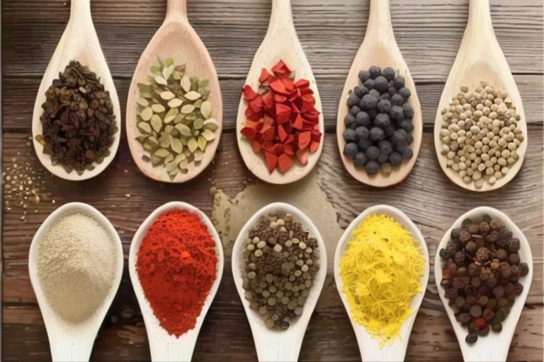 a close up of a number of spoons with different spices, spices, bottles of spices, herbal medicine, Food particles, photo shoot, dried herbal medicine, User Photosture, ❤🔥🍄🌪, pestle, 1614572159, John Stewart Curry (John Steuart Curry) of inspiration, pigment, User Photos, Digital Enhancement, vibrant scene, All sorts