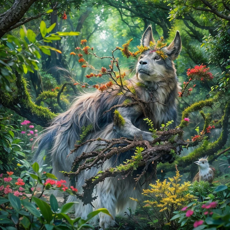 Beastman in an enchanted forest、Mysterious Aura、Intricately patterned fur、Sharp Eyes、Graceful Movement、Ancient Tree々or bright flowers々Surrounded by、Fantastic moonlight、Sparkling Eyes、A powerful transformation、A magical presence、Awe-inspiring beauty、Immersive experiences、A deep connection with nature、Mysterious and enchanting atmosphere、Extraordinary Creatures、Vibrant colors and contrast、Intricate details、Dynamic pose、Characteristics of the Otherworld、A harmonious combination of human and animal characteristics、Seductive and captivating composition