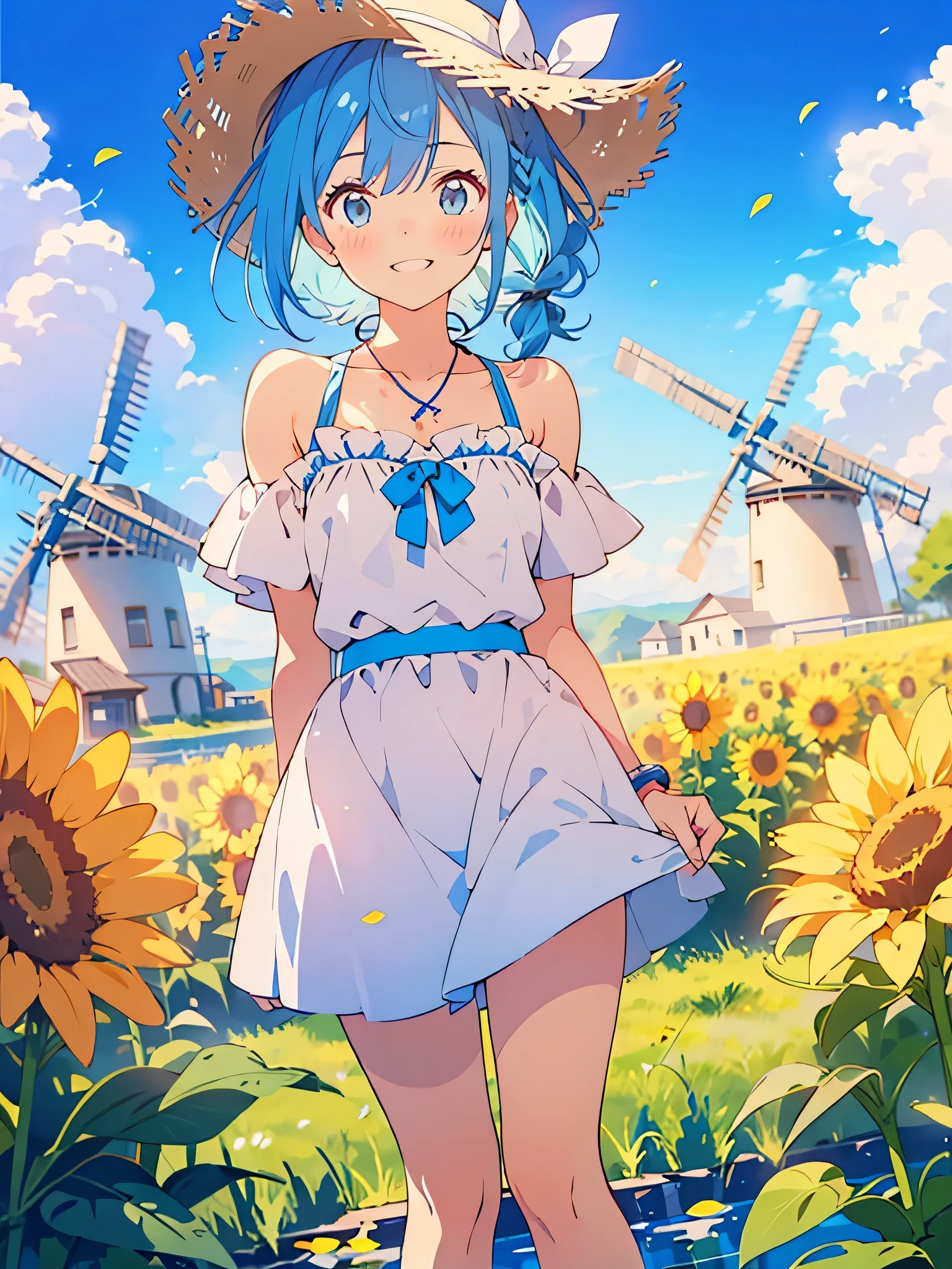 NSFW,masterpiece, best quality,(((color trace))),looking at viewer,sun shine image,((short stature))
1girl, solo, open eyes,smile, standing,shoulder cutout, dress,((((blue hair)))),blue panty,green eyes,grim eyes, pigtail, blush, shortcut hair, white dress, clothing cutout, bangs, necklace, blurry, hand between legs, aquamarine background, between legs, bow, facing viewer, small breasts, bare shoulders, straw hat, day, collarbone, hair bow, short sleeves, feet out of frame, ribbon,depth of field, hair over shoulder,day, sky, aqua field,water,bright sky,sun flower,wind mill
