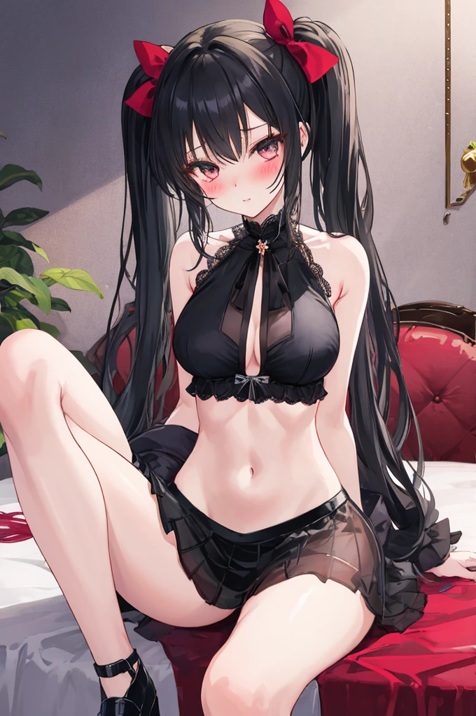 A girl，Sitting on the bed，There are a lot of stuffed animals，twintails，Long hair，Black Hair，((transparent))，Towering breasts，ta skirt，Sexy Lingerie，Flowing fabric，Slim waist，Showing belly，Smooth legs，blush，