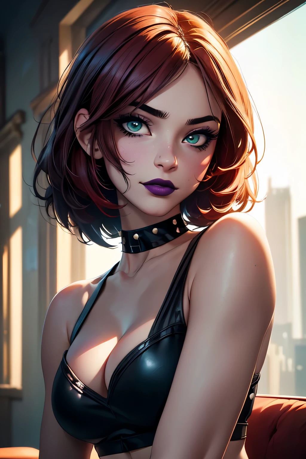 Masterpiece, beautiful art, professional artist, 8k, very detailed face, very detailed hair, 1girl, Rogue (RogueXME, short hair, two-tone hair, (red hair), (white bangs), green eyes, purple makeup, purple lipstick, medium breasts, smiling, choker, studded collar, ((tight halter top)), tight jeans, gloves, boots), various locations, hot, horny, aroused, blushing, thinking of her girlfriend, missing her lover, no labels, no branding, perfectly drawn body, beautiful face, very detailed eyes, rosey cheeks, intricate details in eyes, perfect fit body, beautiful body, extremely detailed, intricate details, highly detailed, sharp focus, detailed skin, realistic skin texture, texture, detailed eyes, high resolution, kodak vision color, foto_\(ultra\), post-processing, maximum detail, roughness, real life, ultra realistic, photorealism, photography, absurdres, RAW photo, highest quality, high detail RAW color photo, professional photo, extremely detailed UHD 8k wallpaper unit, best quality, highres, (masterpiece, top quality, high resolution:1.4), photo, cinematic, film grain, sharp, soft natural light, magic photography, super detailed, remove extra hand and limb.