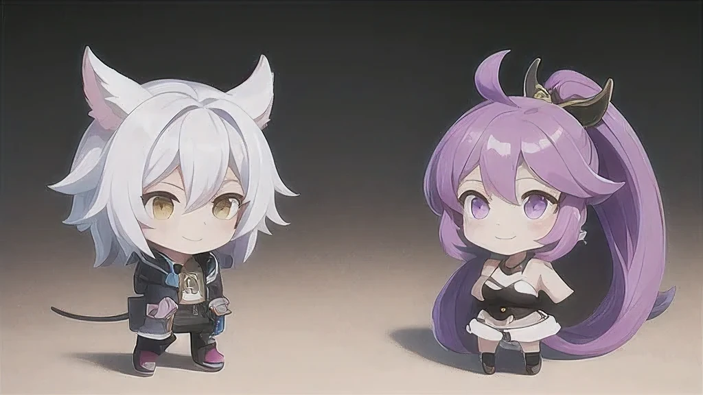 a cartoon image of a girl with a purple hair and a black top, kda, character art of maple story, （（Deer antler hair accessories））advanced digital chibi art, arcane art style, 2 d sprite, genshin impact character, official character art, chibi monster girl, chibi, , noire, ayaka genshin impact, maplestory mouse, hero 2 d fanart artsation，a cartoon image of a girl with a purple hair and a purple outfit, , chibi, kda, twitch emote, chibi monster girl, [[[[grinning evily]]]], 2 d sprite, of a ramlethal valentine,Purple and white combination, melty, cute cyber gods, advanced digital chibi art（（2 girls ））Long purple-white hair，Double tail，big eyes，Sports Posture，Combat Status，Full mana