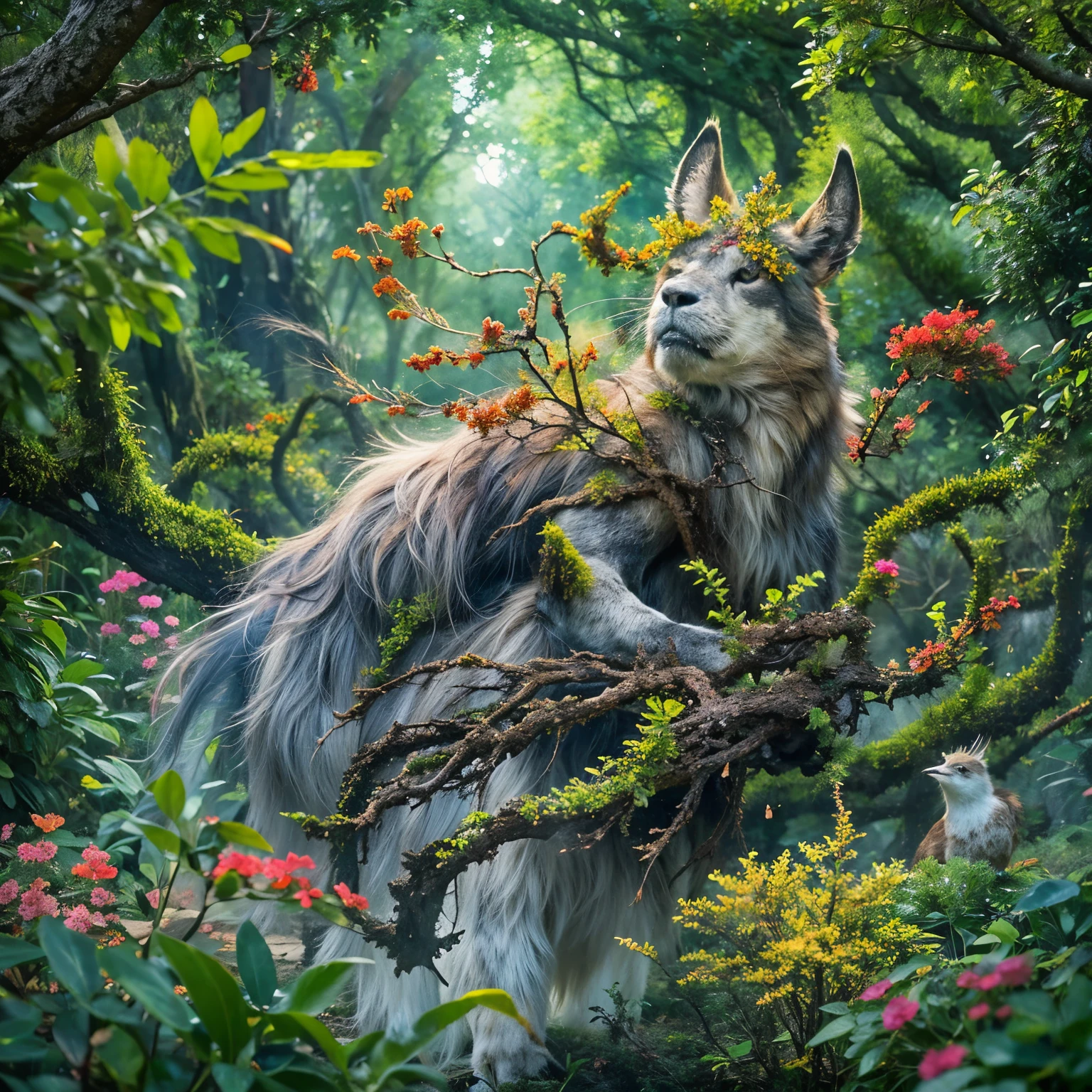 Beastman in an enchanted forest、Mysterious Aura、Intricately patterned fur、Sharp Eyes、Graceful Movement、Ancient Tree々or bright flowers々Surrounded by、Fantastic moonlight、Sparkling Eyes、A powerful transformation、A magical presence、Awe-inspiring beauty、Immersive experiences、A deep connection with nature、Mysterious and enchanting atmosphere、Extraordinary Creatures、Vibrant colors and contrast、Intricate details、Dynamic pose、Characteristics of the Otherworld、A harmonious combination of human and animal characteristics、Seductive and captivating composition
